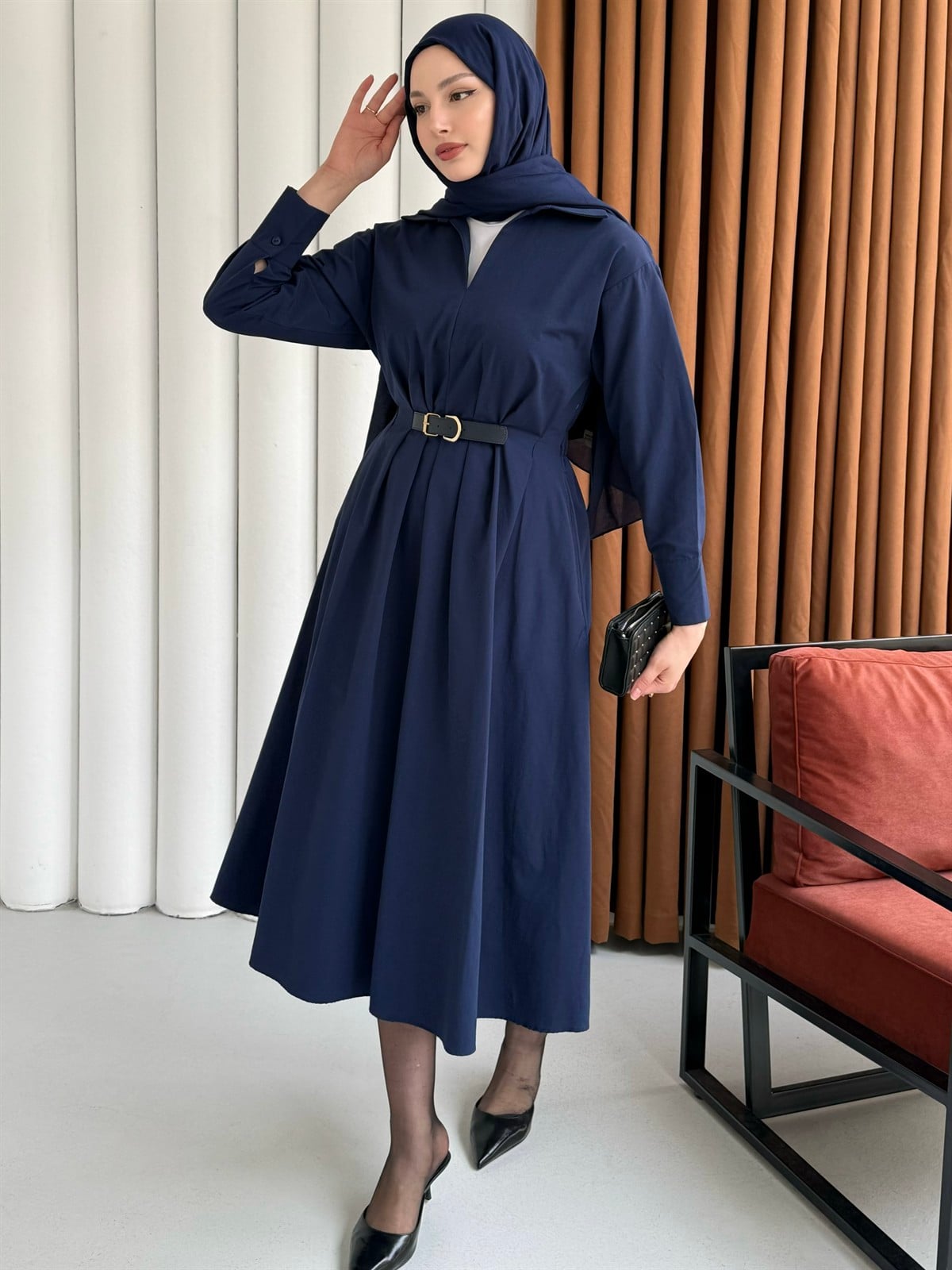 Bel Lastikli Kemer Detaylı Gömlek Tesettür Elbise-LACİVERT