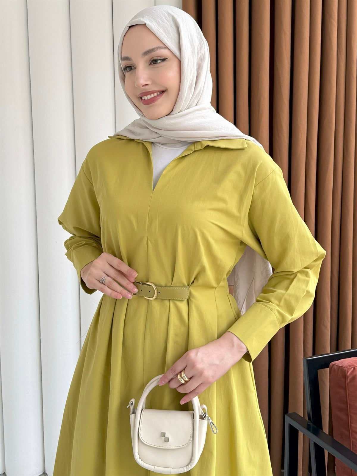 Bel Lastikli Kemer Detaylı Gömlek Tesettür Elbise-OLİVE