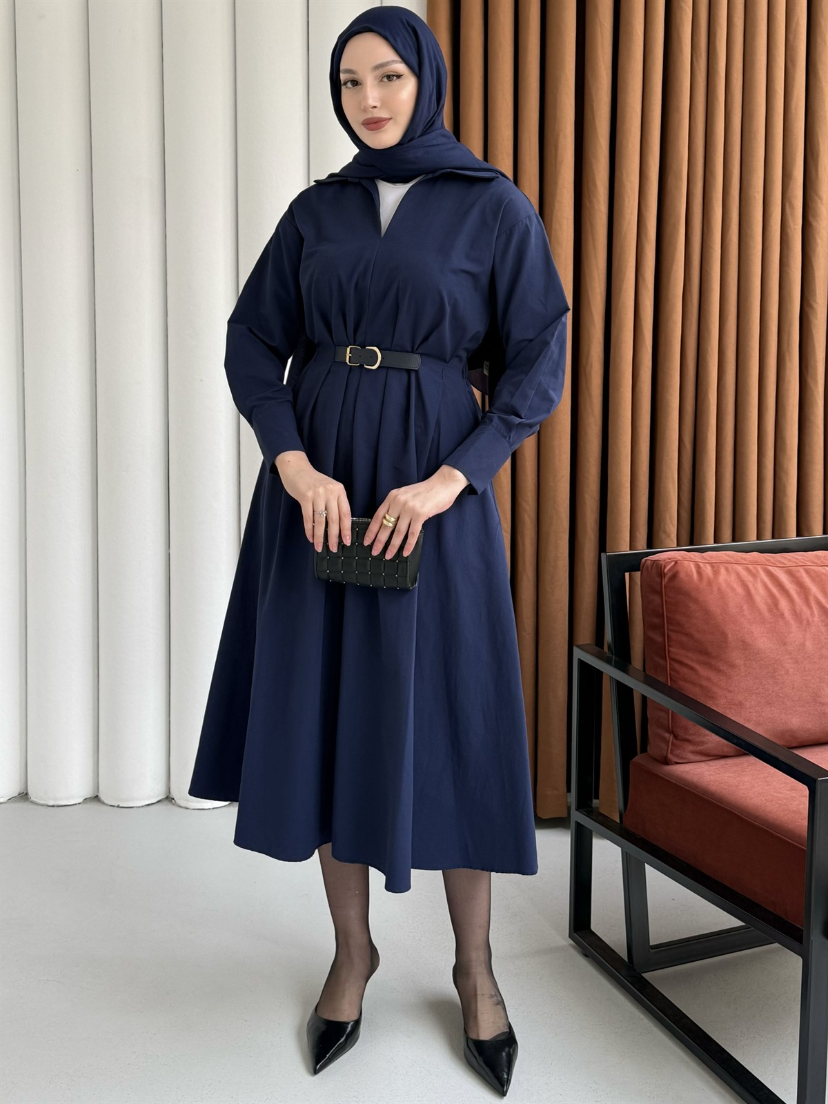 Bel Lastikli Kemer Detaylı Gömlek Tesettür Elbise-LACİVERT