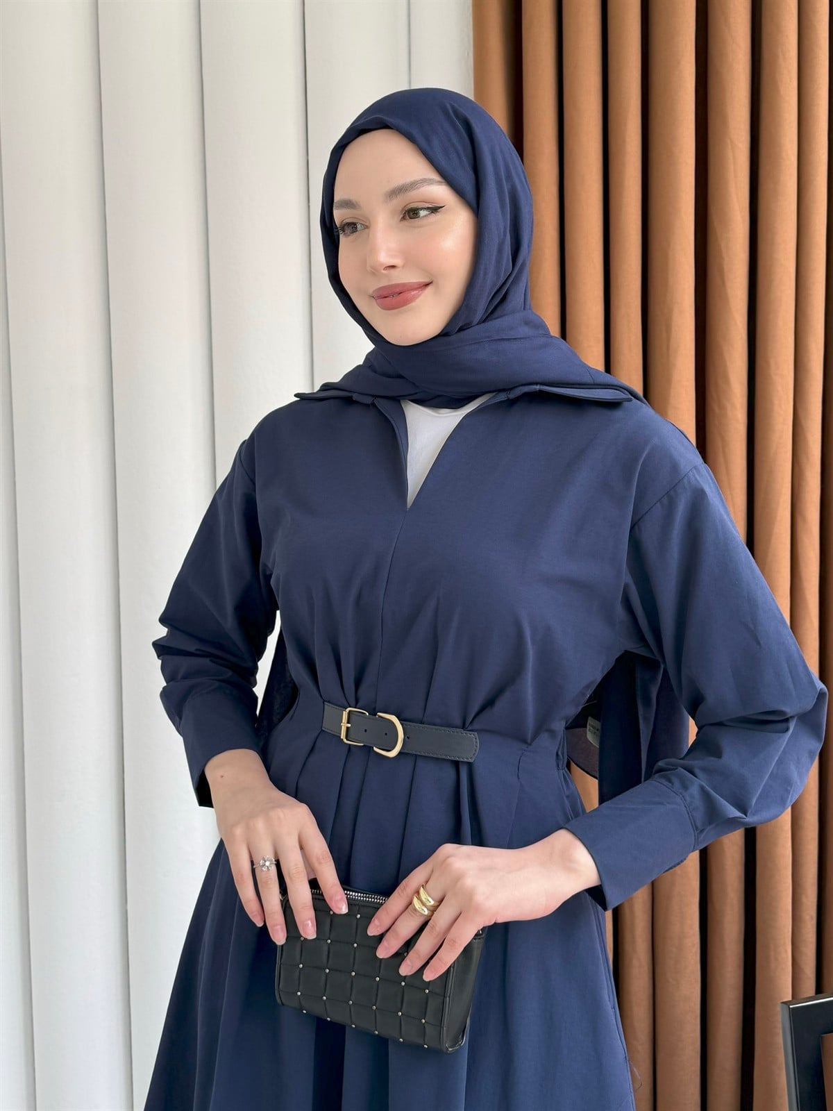 Bel Lastikli Kemer Detaylı Gömlek Tesettür Elbise-LACİVERT