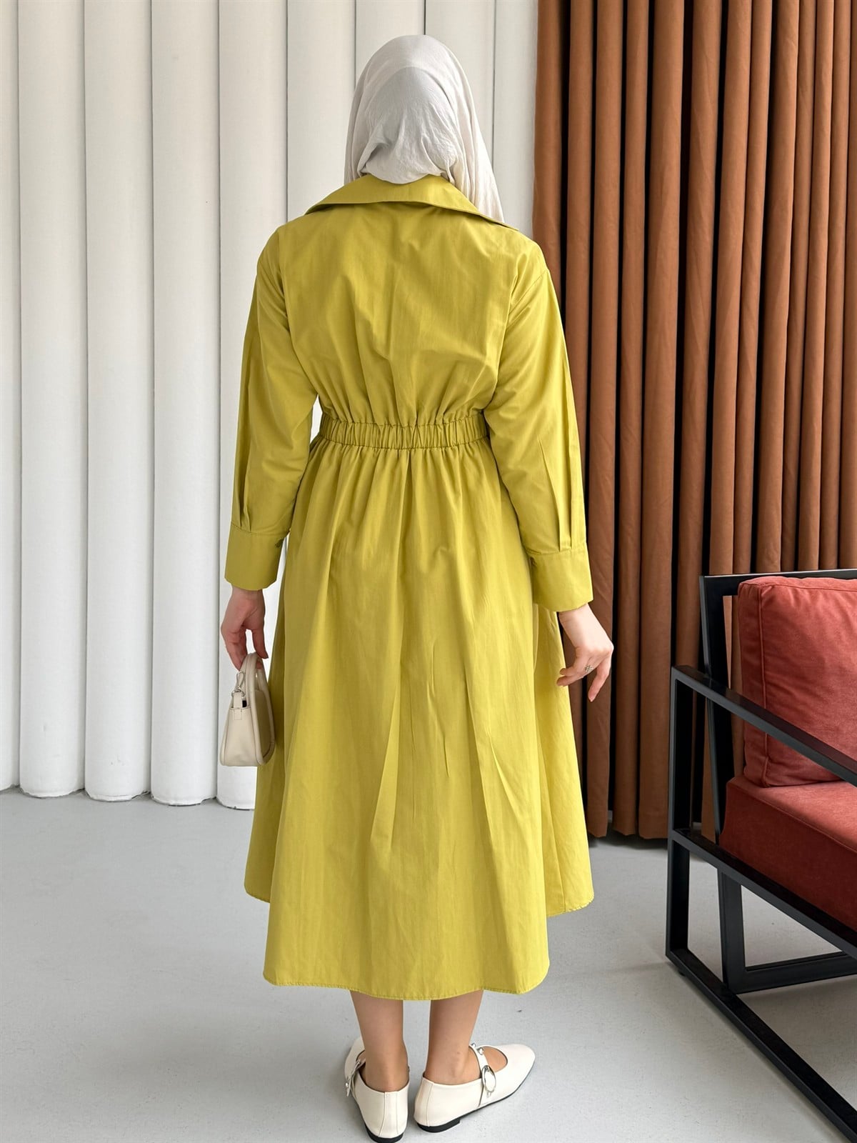 Bel Lastikli Kemer Detaylı Gömlek Tesettür Elbise-OLİVE