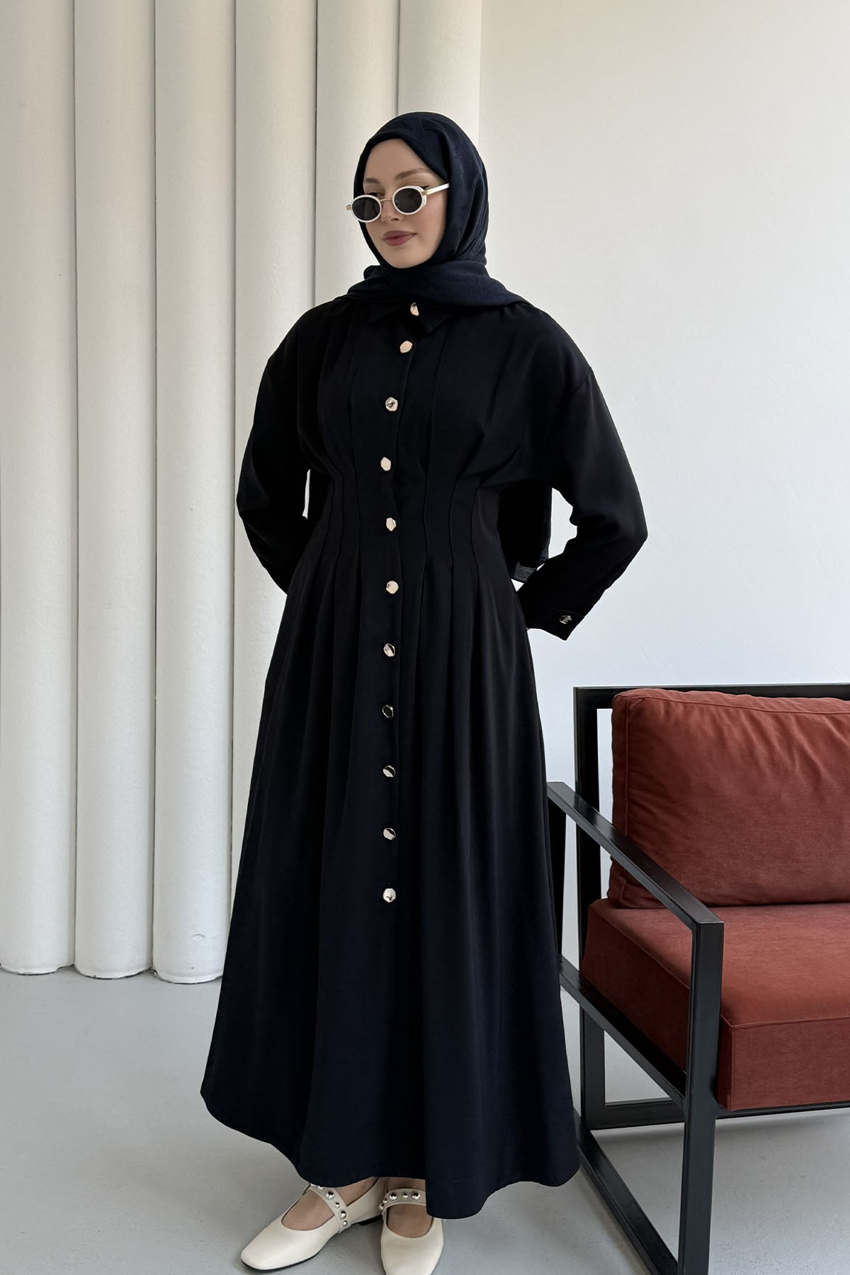 Bel Sason Detaylı Ön Düğmeli Linda Kumaş Tesettür Elbise-LACİVERT