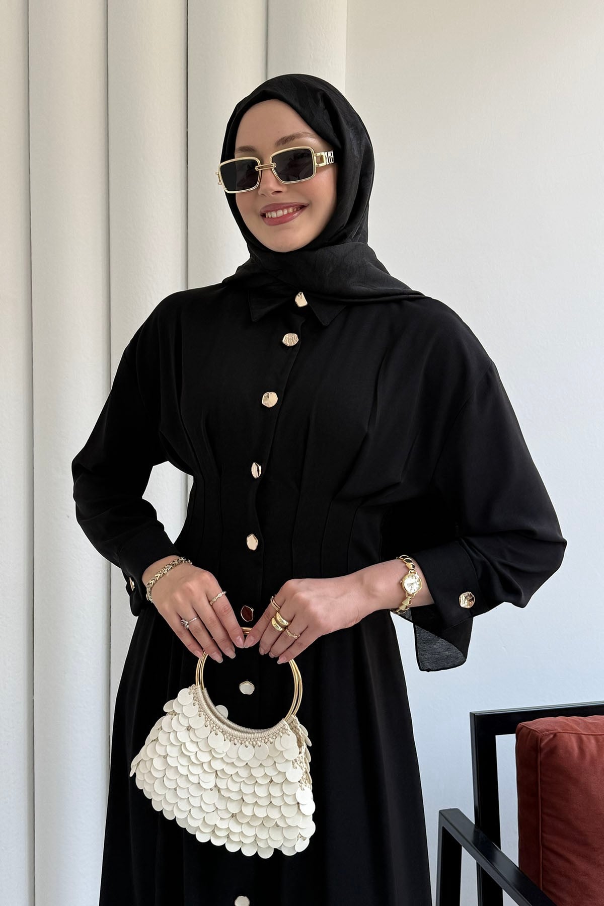 Bel Sason Detaylı Ön Düğmeli Linda Kumaş Tesettür Elbise-SİYAH