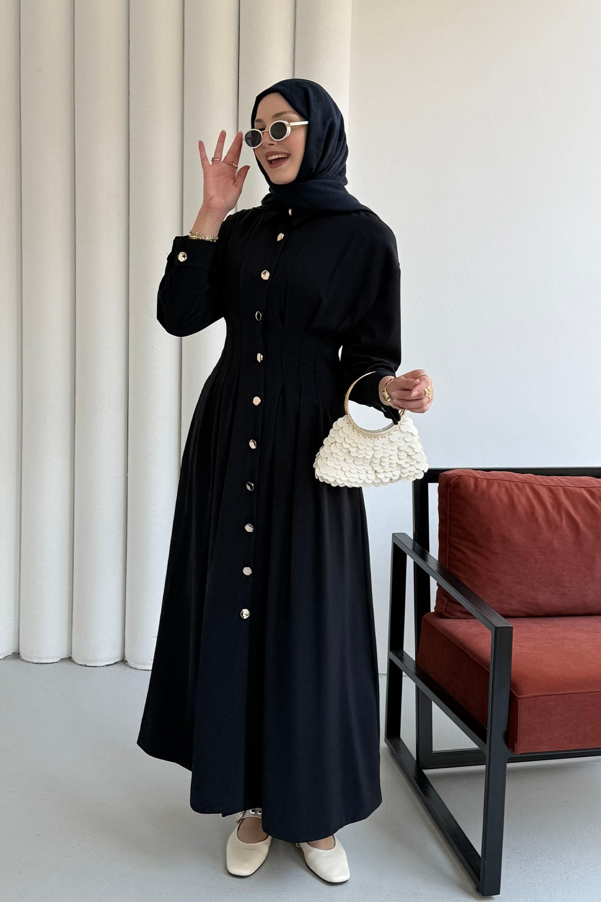 Bel Sason Detaylı Ön Düğmeli Linda Kumaş Tesettür Elbise-LACİVERT