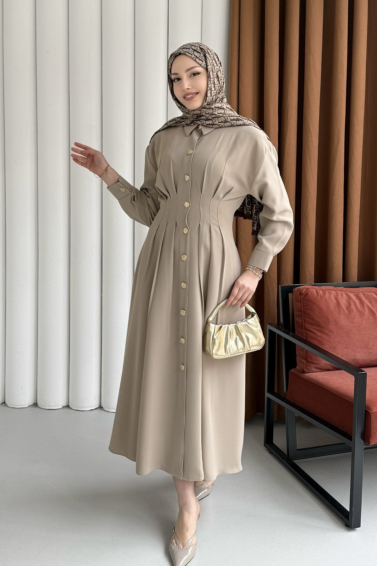 Bel Sason Detaylı Ön Düğmeli Tensel Tesettür Elbise-TAŞ