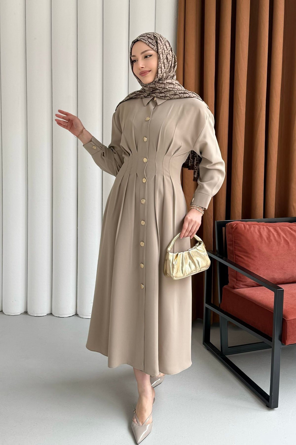 Bel Sason Detaylı Ön Düğmeli Tensel Tesettür Elbise-TAŞ