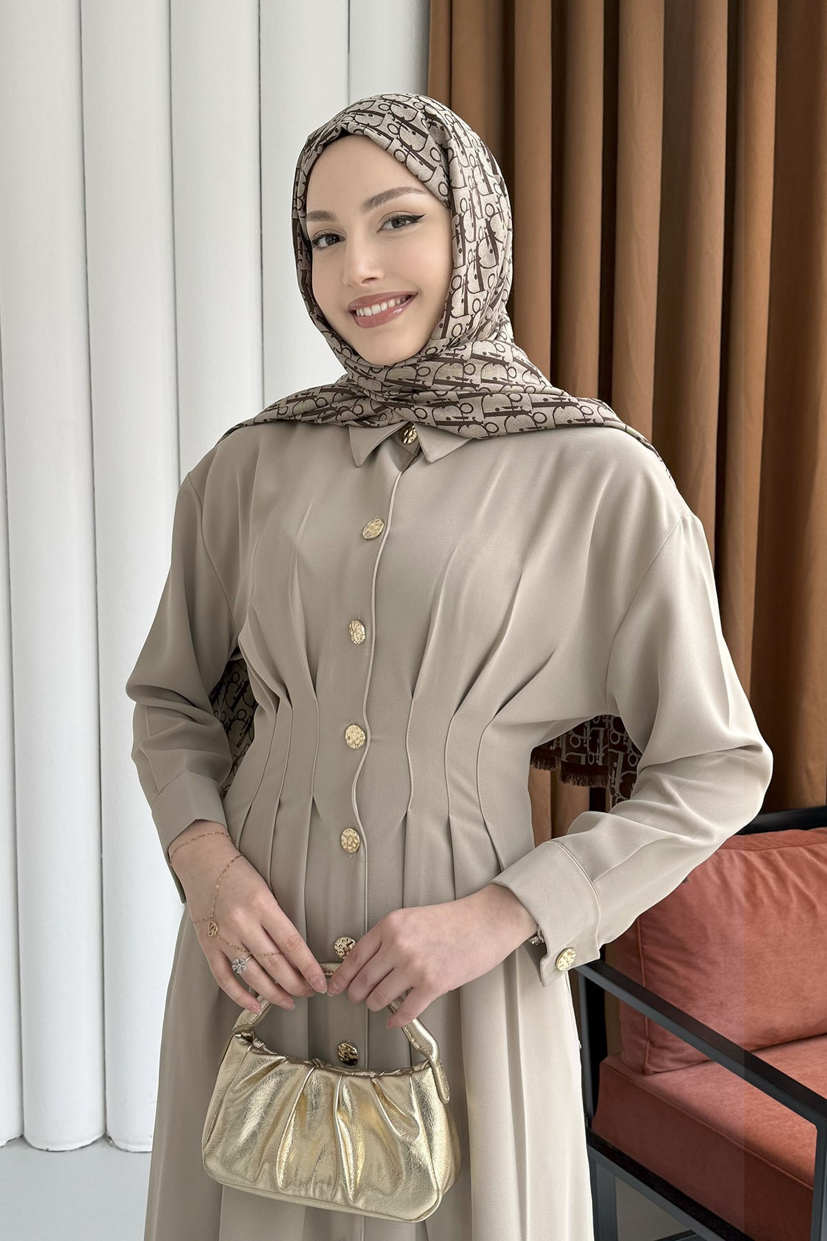 Bel Sason Detaylı Ön Düğmeli Tensel Tesettür Elbise-TAŞ