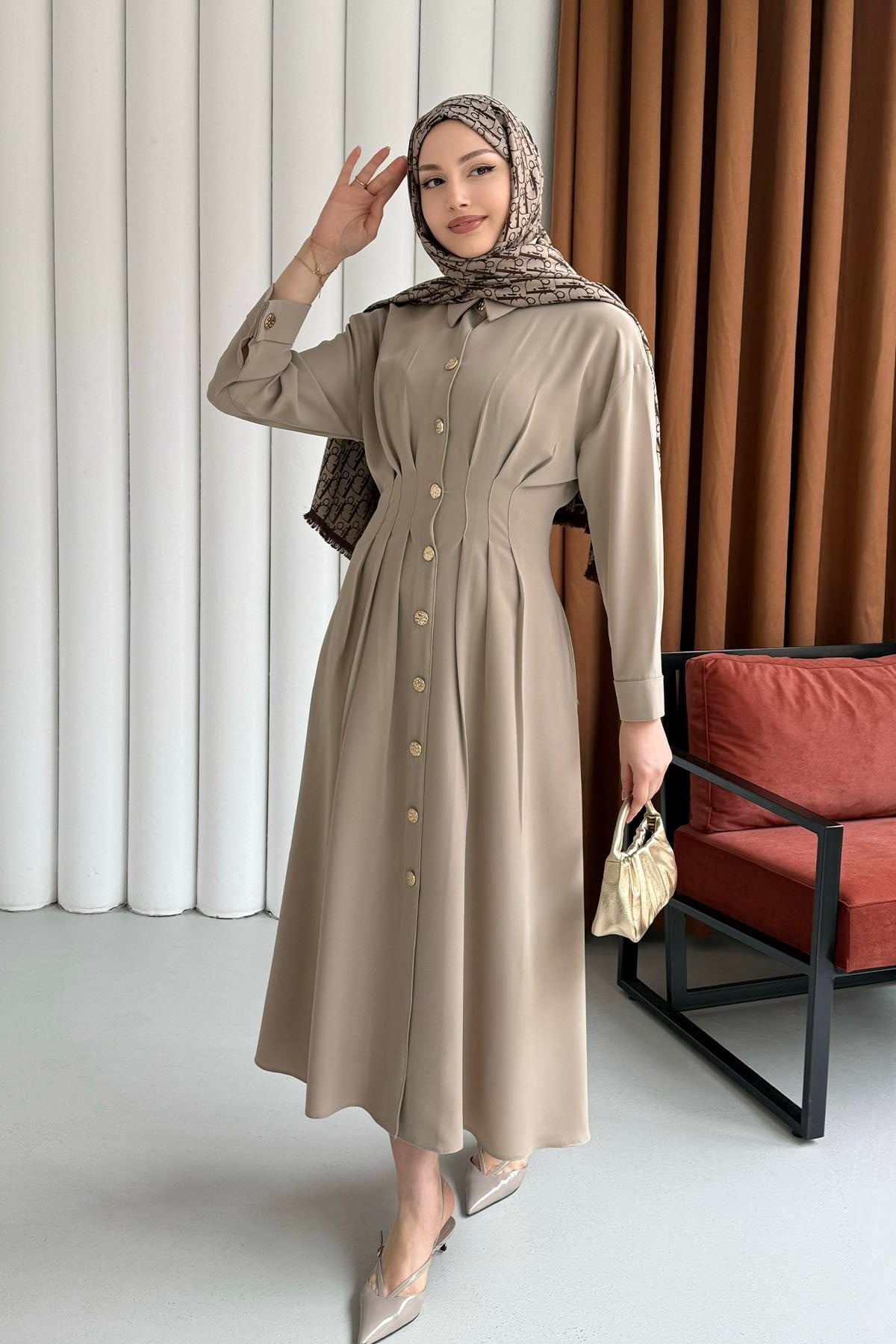 Bel Sason Detaylı Ön Düğmeli Tensel Tesettür Elbise-TAŞ