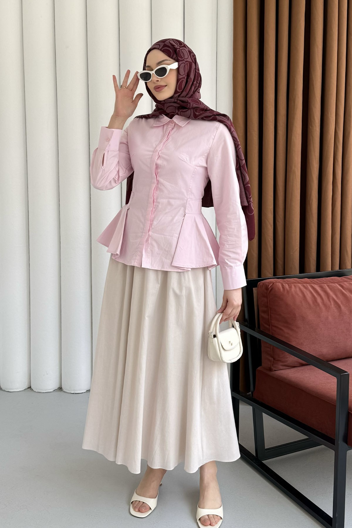 Belden Oturtmalı Düğmeli Gömlek-PEMBE