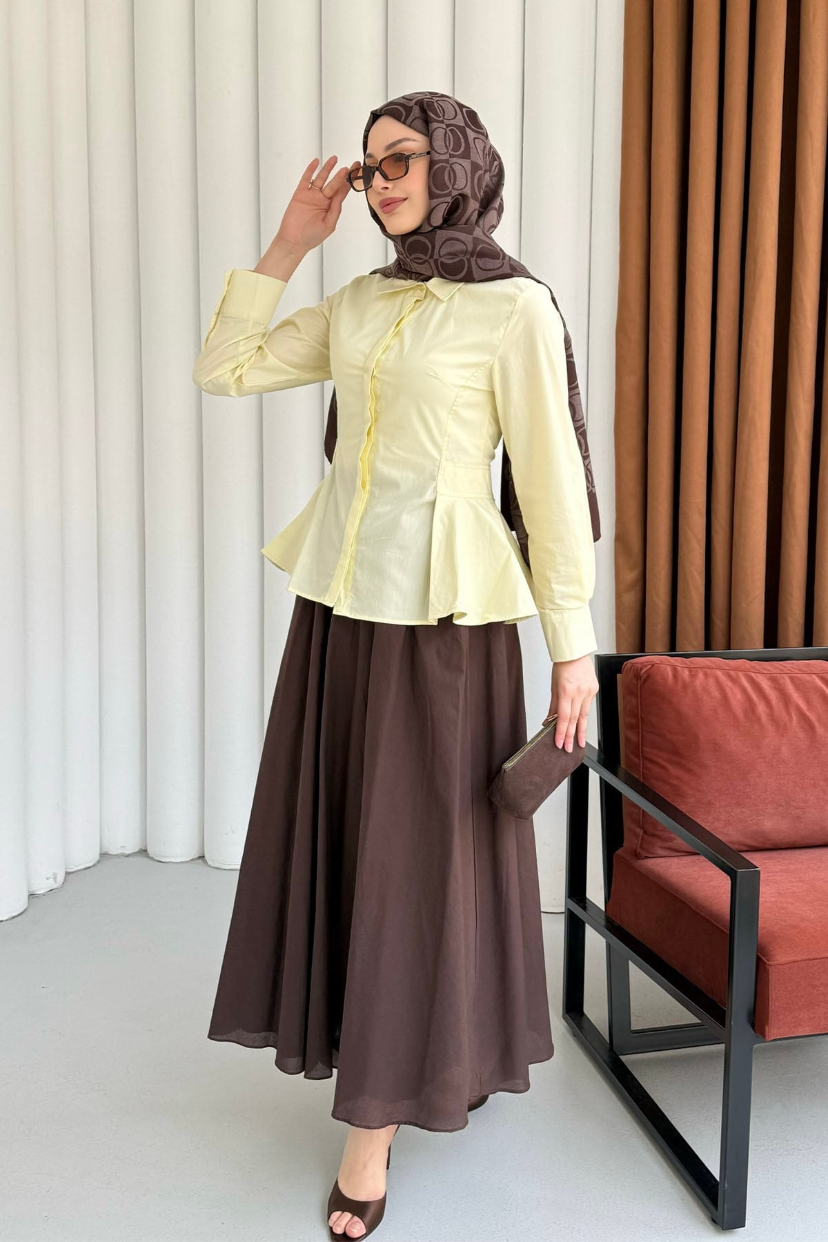 Belden Oturtmalı Düğmeli Gömlek-SARI