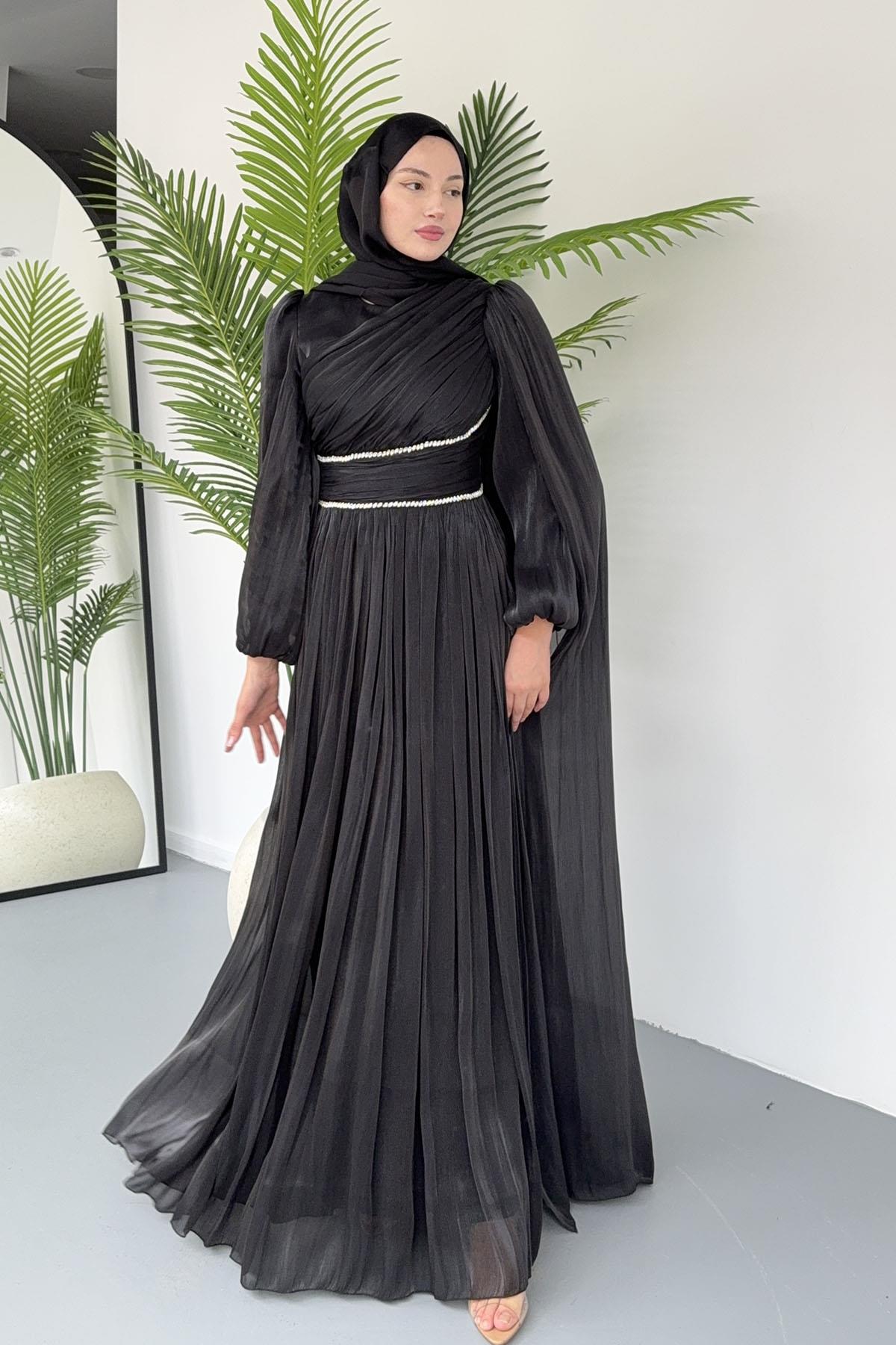 Belden Taş Kemer Geçişli Elara Pelerin Tesettür Abiye-SİYAH