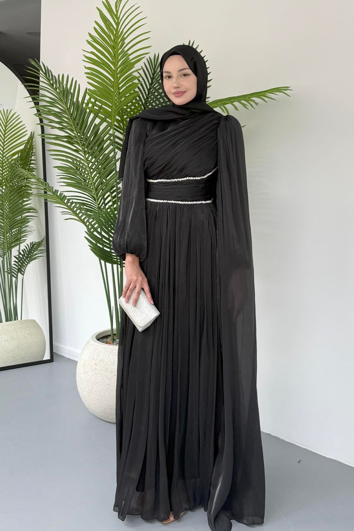 Belden Taş Kemer Geçişli Elara Pelerin Tesettür Abiye-SİYAH