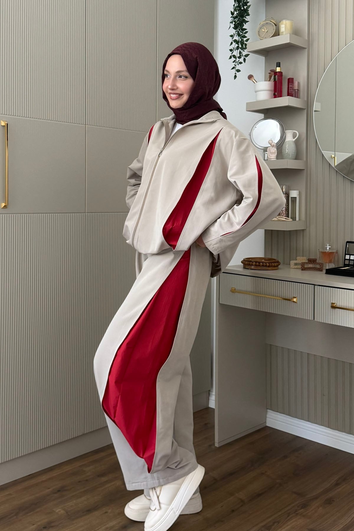 Beli Ayarlanabilir Renk Bloklu Geniş Paça Testetür Takım-BEJ