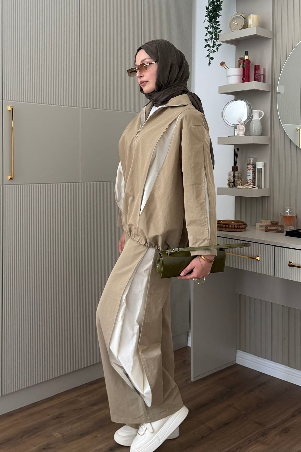 Beli Ayarlanabilir Renk Bloklu Geniş Paça Testetür Takım-HAKİ YEŞİL