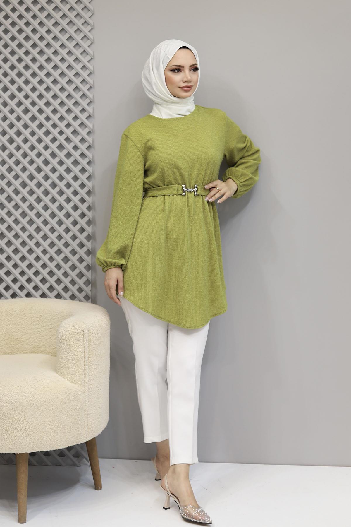 Beli Büzgülü Seyyar Kuşaklı Örme Tunik-OLİVE