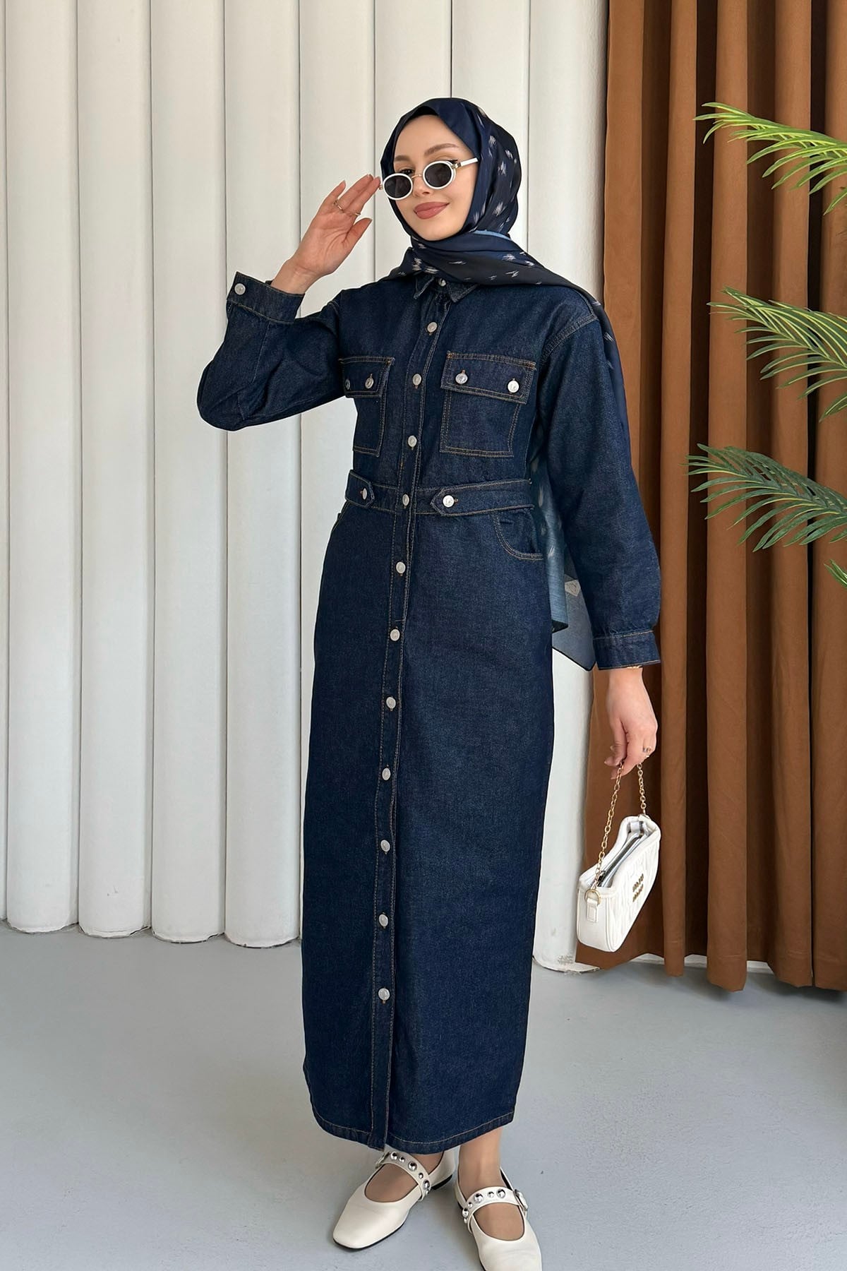 Beli Gipeli Önden Düğmeli Denim Tesettür Elbise-KOYU MAVİ