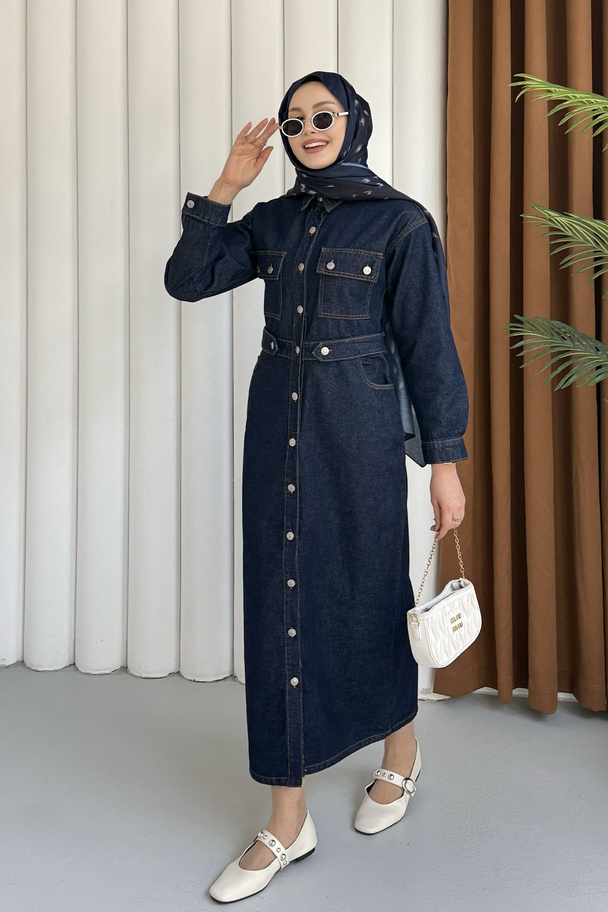 Beli Gipeli Önden Düğmeli Denim Tesettür Elbise-KOYU MAVİ