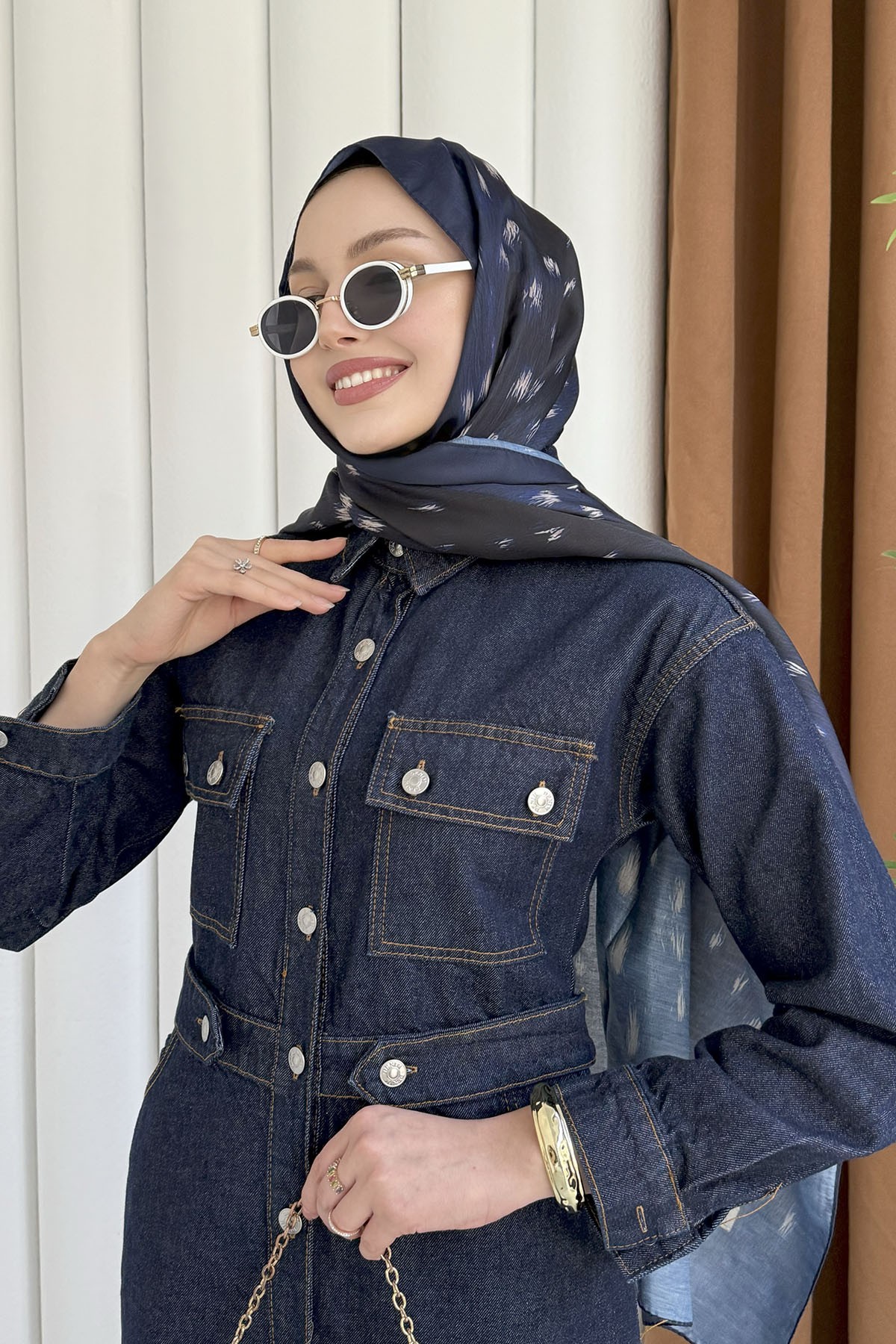 Beli Gipeli Önden Düğmeli Denim Tesettür Elbise-KOYU MAVİ