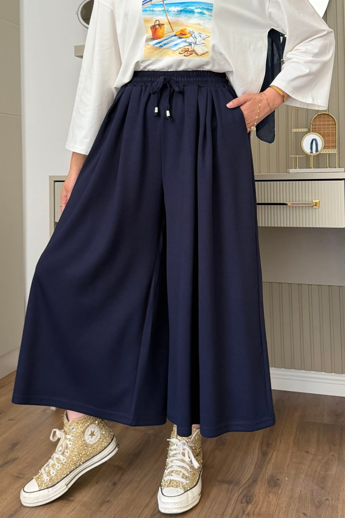 Beli İpli Lastikli Bol Paça Etek Pantolon-LACİVERT