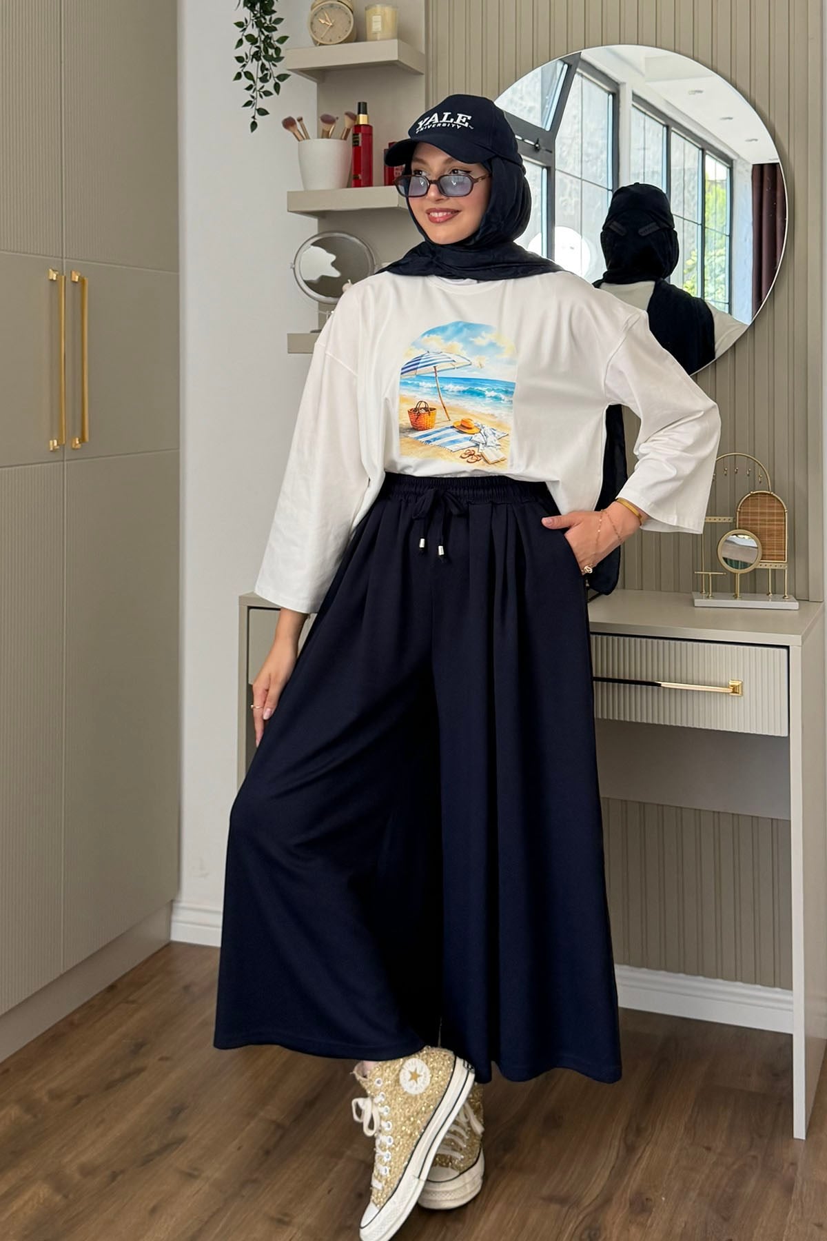 Beli İpli Lastikli Bol Paça Etek Pantolon-LACİVERT
