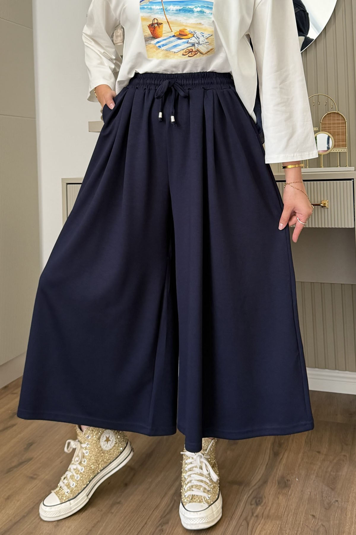 Beli İpli Lastikli Bol Paça Etek Pantolon-LACİVERT