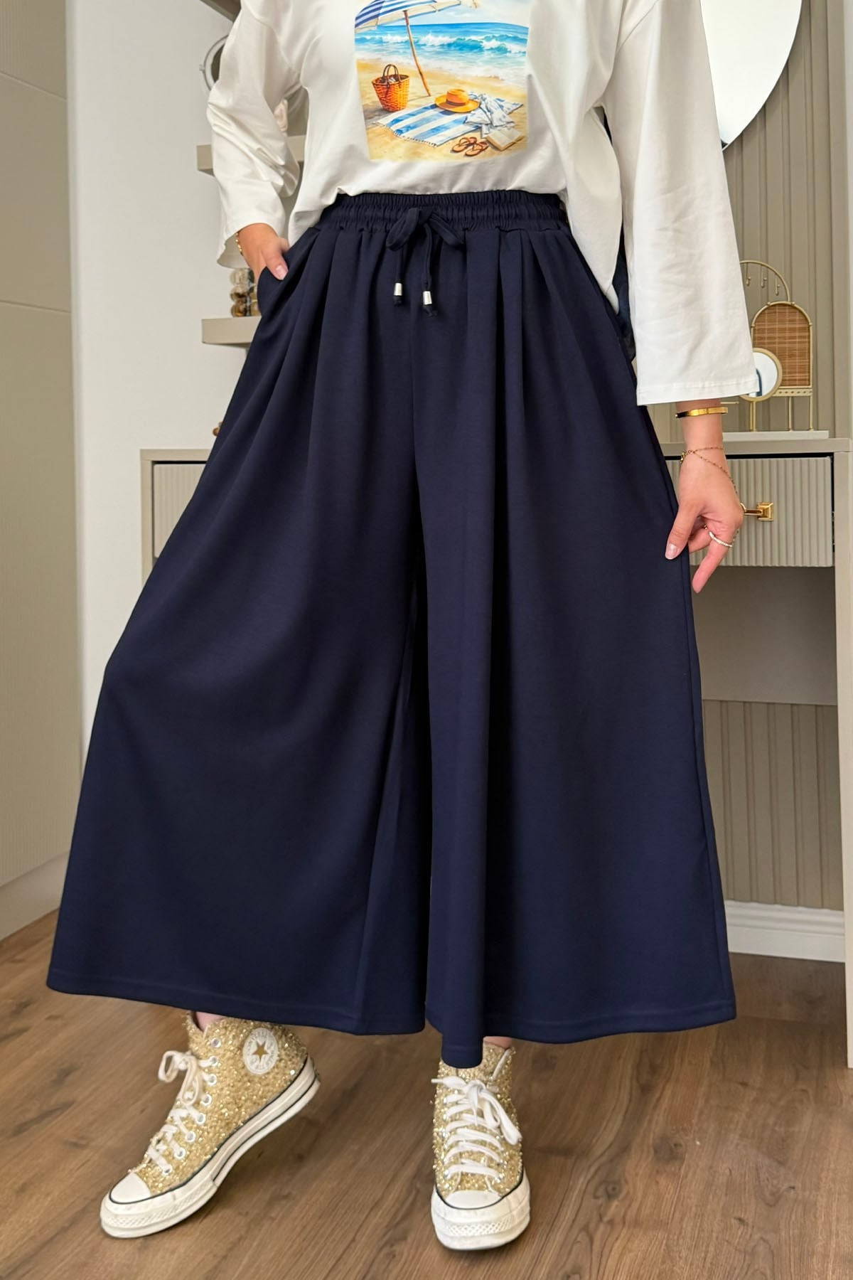 Beli İpli Lastikli Bol Paça Etek Pantolon-LACİVERT