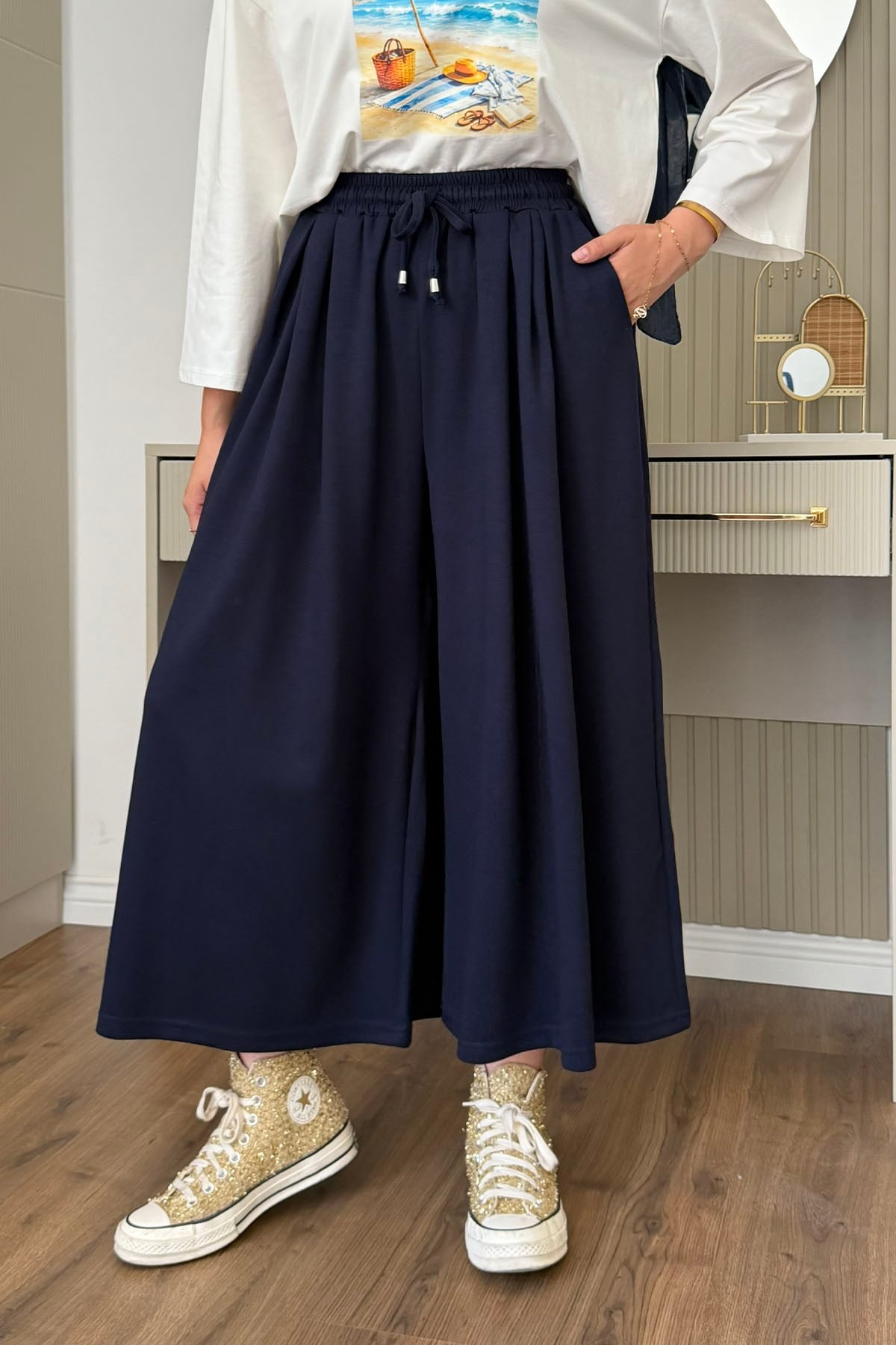 Beli İpli Lastikli Bol Paça Etek Pantolon-LACİVERT