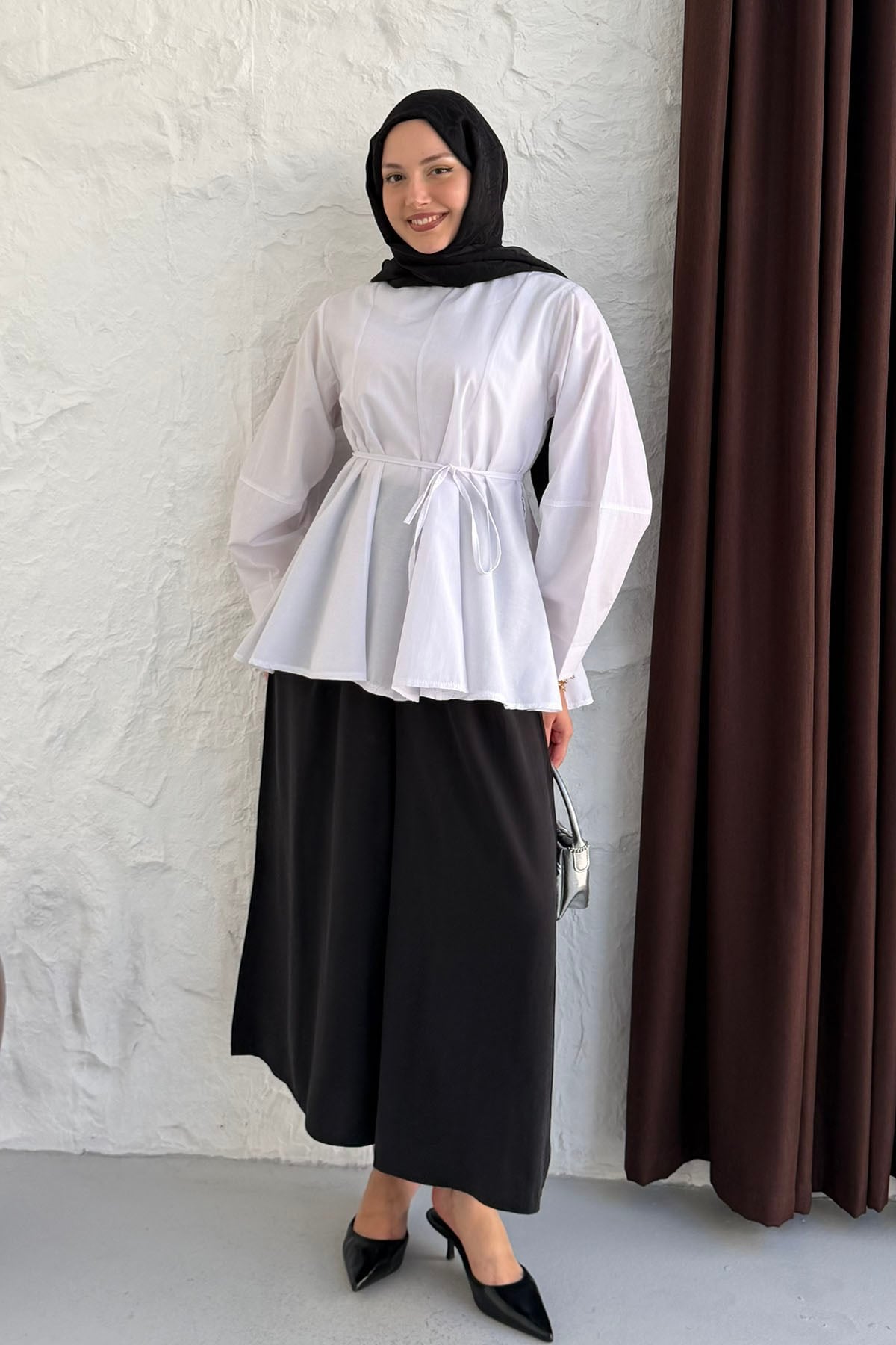 Beli Kuşaklı Volan Etek Uçlu Tesettür Tunik-BEYAZ