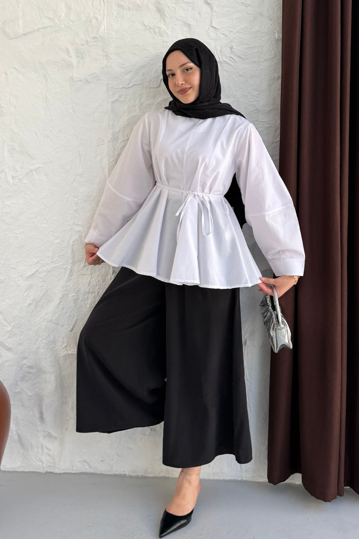 Beli Kuşaklı Volan Etek Uçlu Tesettür Tunik-BEYAZ