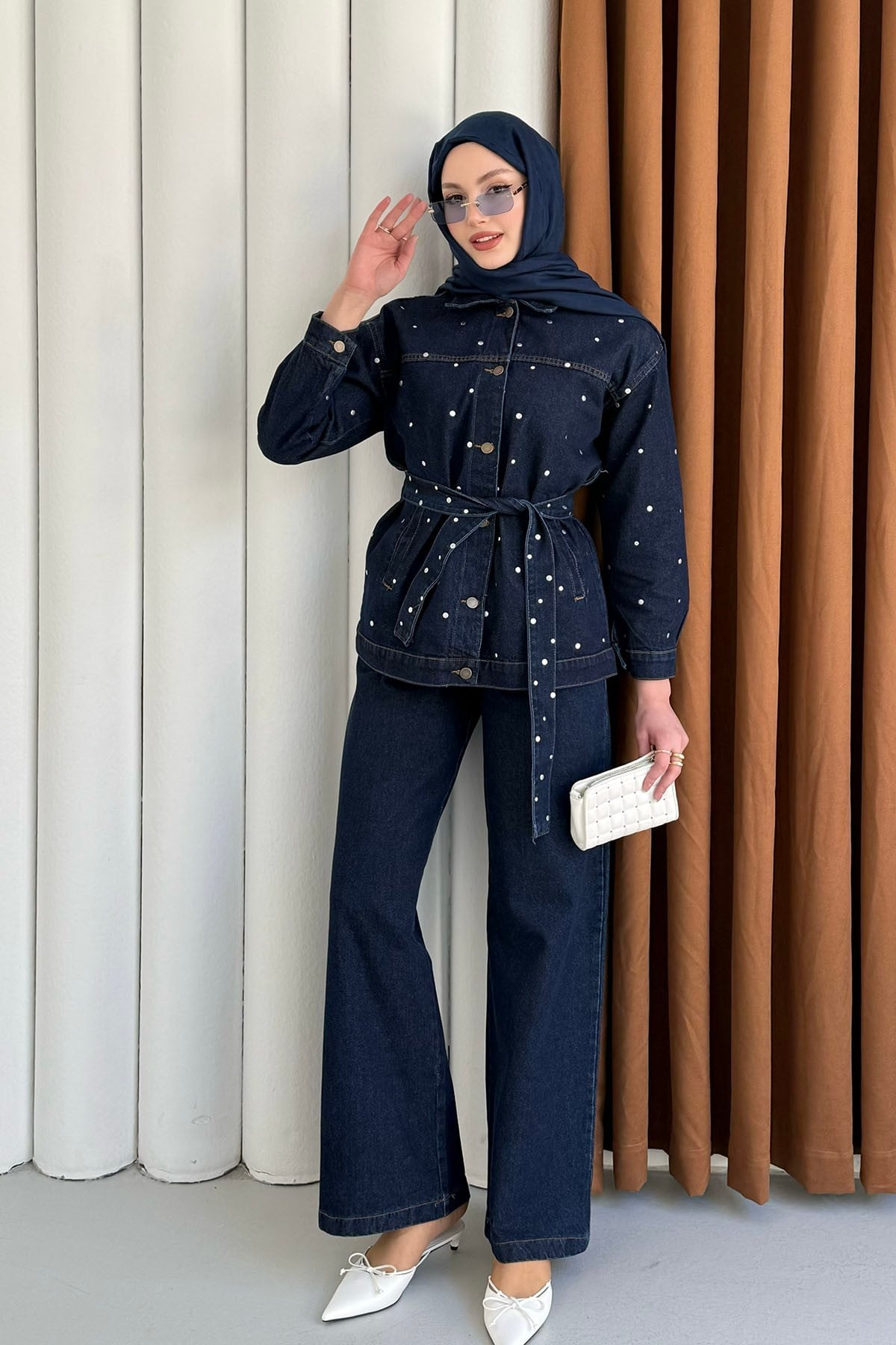 Beli Kuşaklı Zımba Çakım Denim Tesettür Takım-KOYU MAVİ
