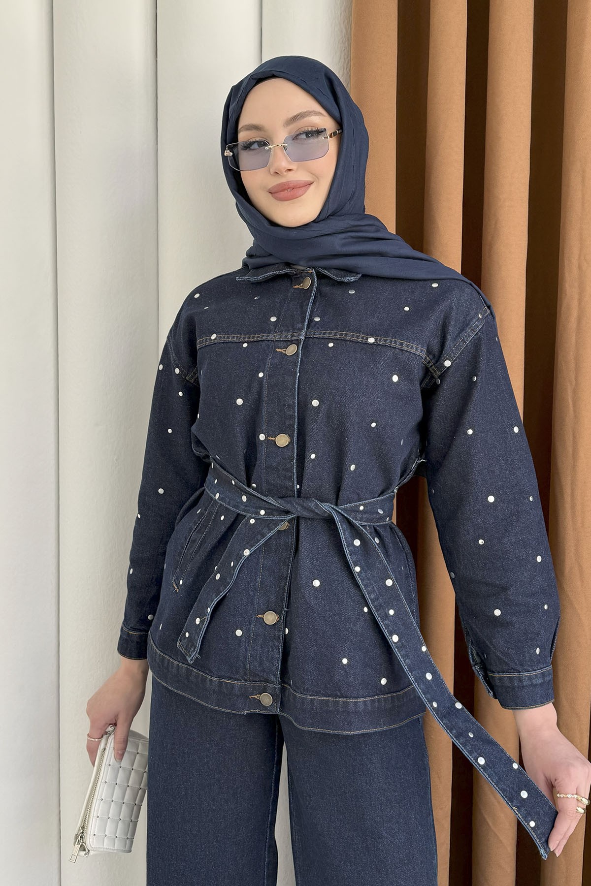 Beli Kuşaklı Zımba Çakım Denim Tesettür Takım-KOYU MAVİ