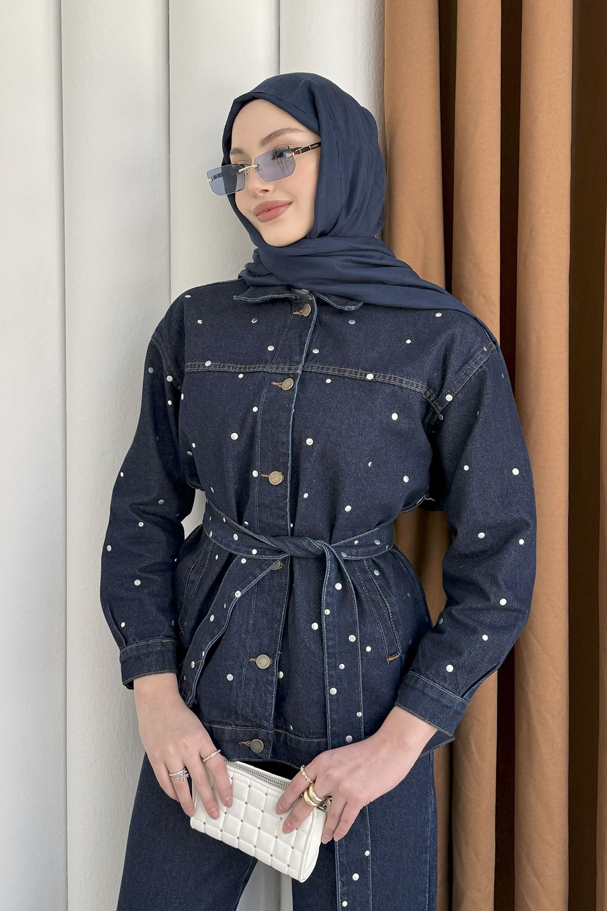 Beli Kuşaklı Zımba Çakım Denim Tesettür Takım-KOYU MAVİ