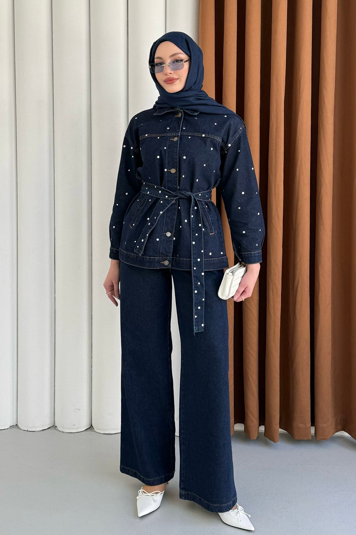 Beli Kuşaklı Zımba Çakım Denim Tesettür Takım-KOYU MAVİ