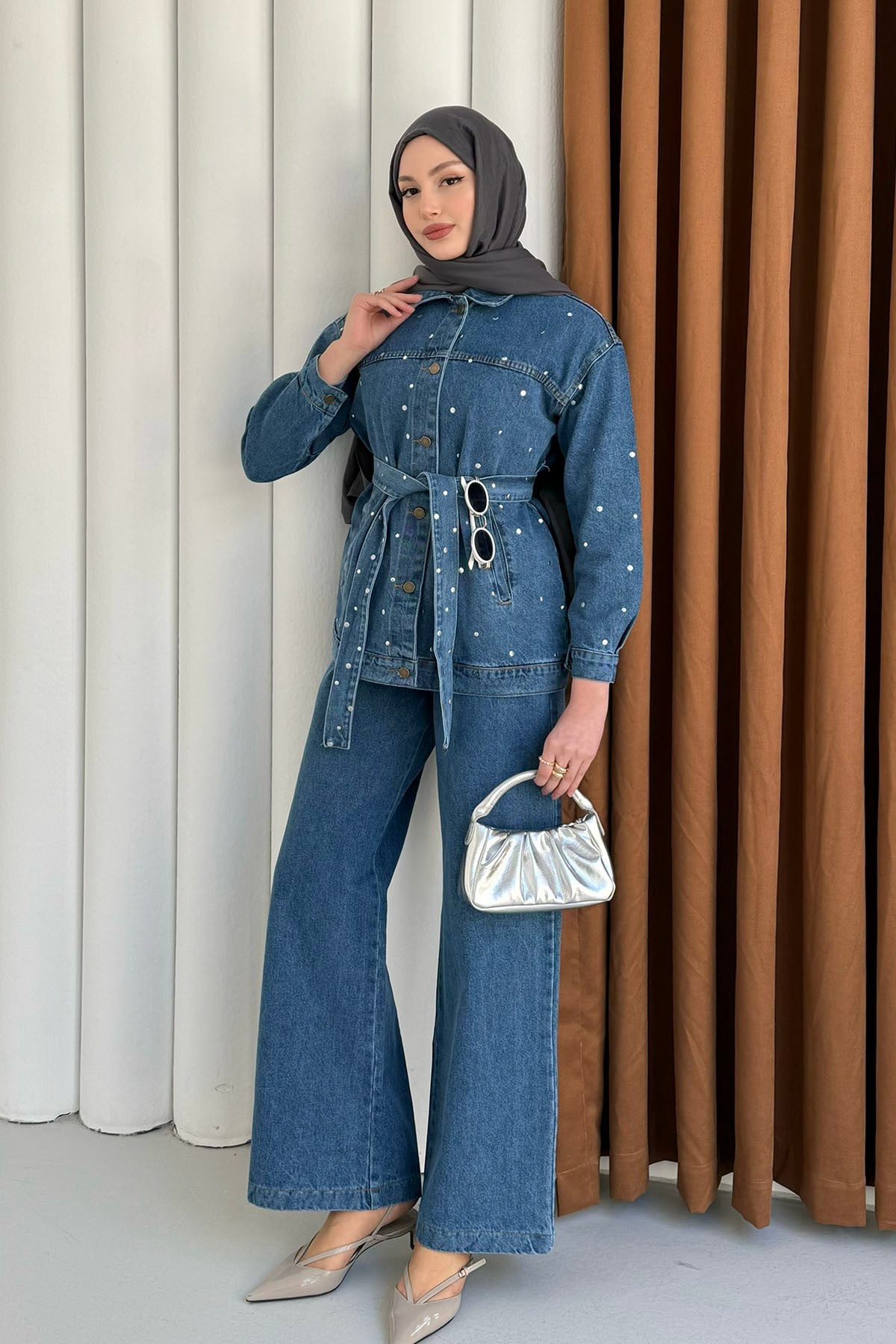 Beli Kuşaklı Zımba Çakım Denim Tesettür Takım-AÇIK MAVİ