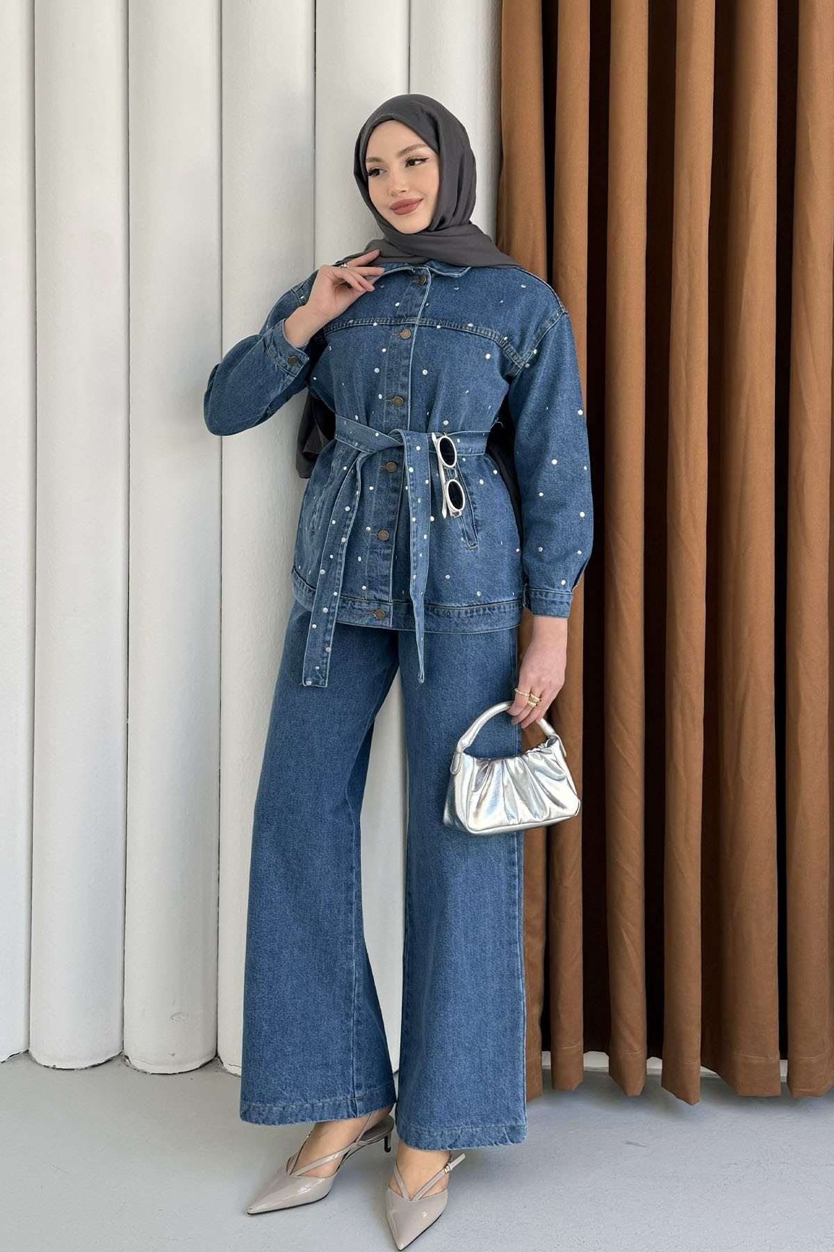 Beli Kuşaklı Zımba Çakım Denim Tesettür Takım-AÇIK MAVİ