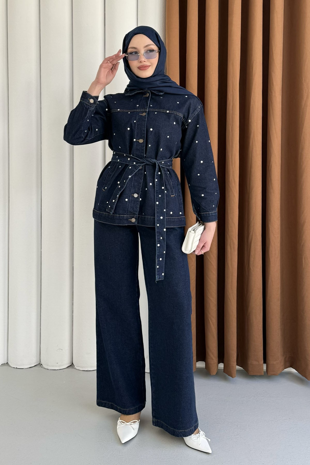 Beli Kuşaklı Zımba Çakım Denim Tesettür Takım-KOYU MAVİ