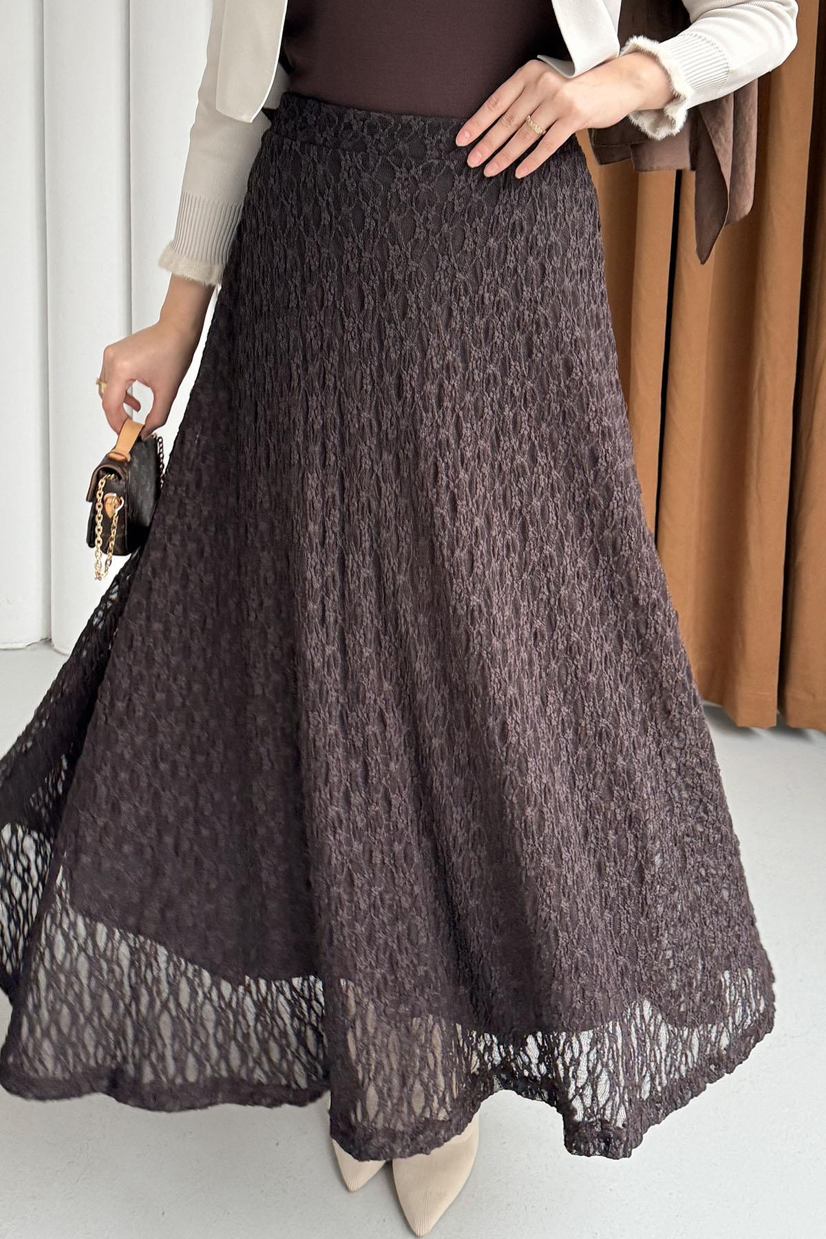 Beli Lastikli Ajurlu Dantelli Etek-ACI KAHVE