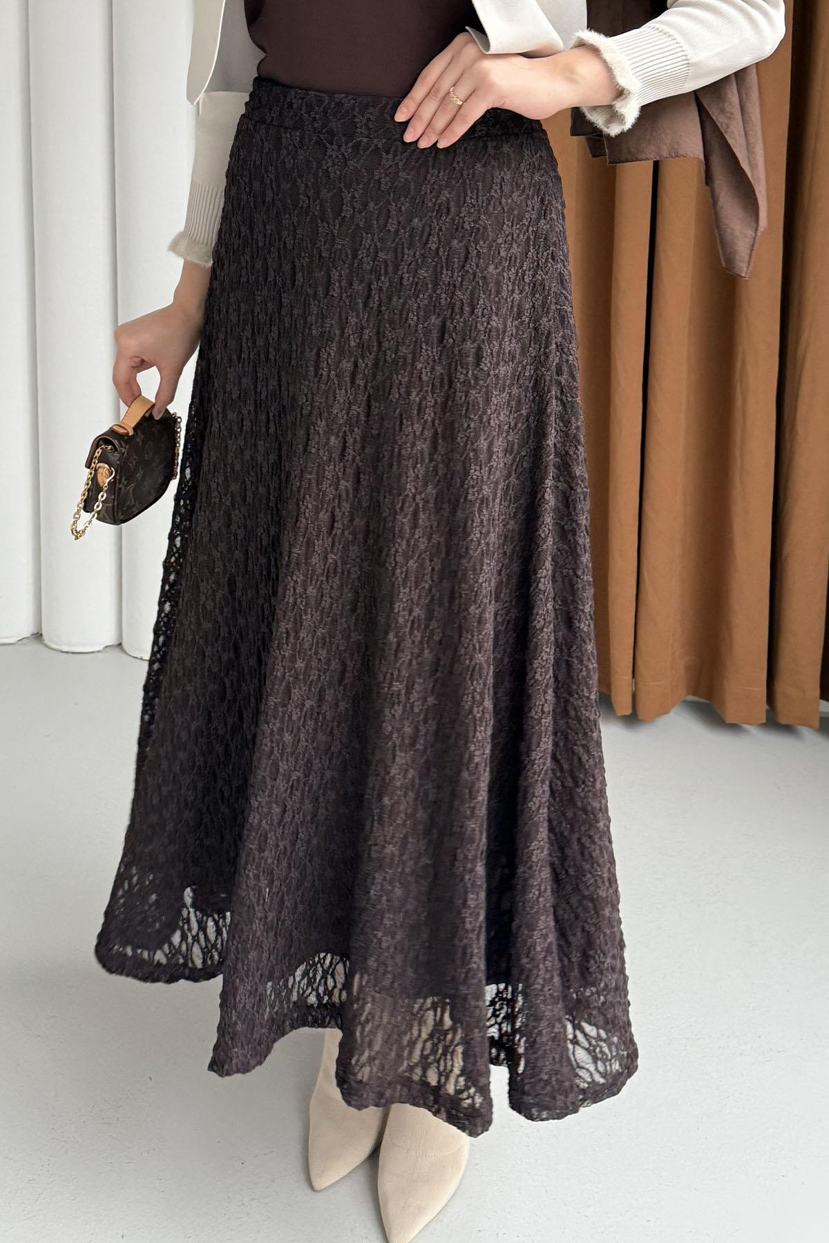 Beli Lastikli Ajurlu Dantelli Etek-ACI KAHVE