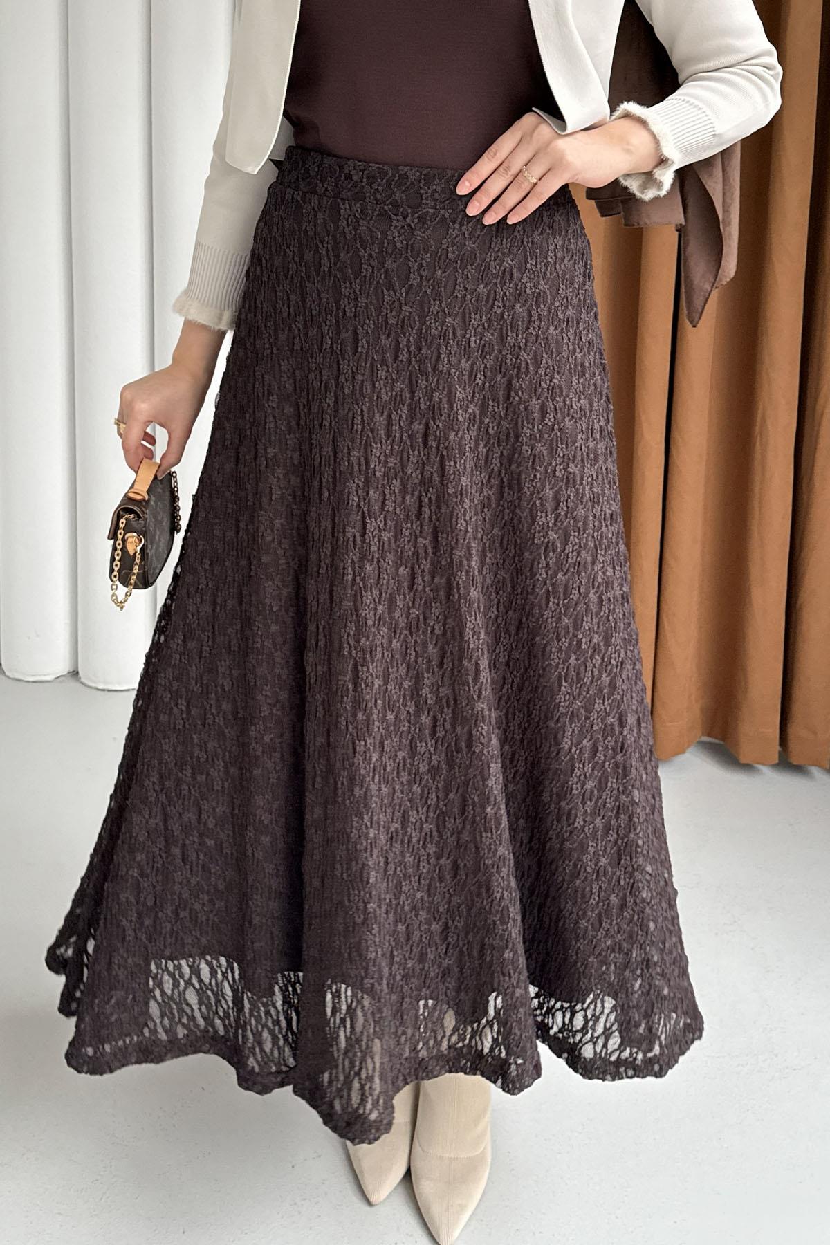 Beli Lastikli Ajurlu Dantelli Etek-ACI KAHVE