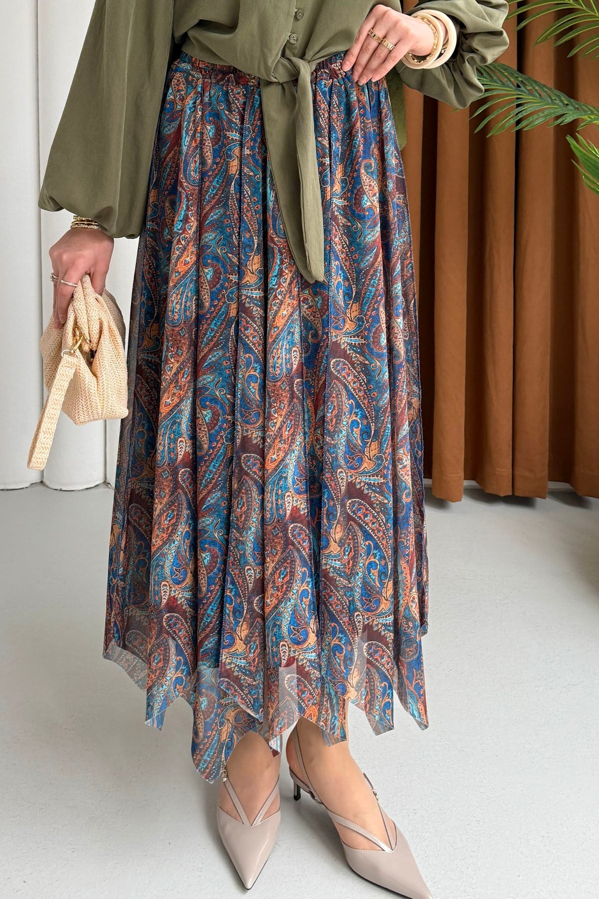 Beli Lastikli Asimetrik Kesin Şifon Etek-PETROL MAVİ