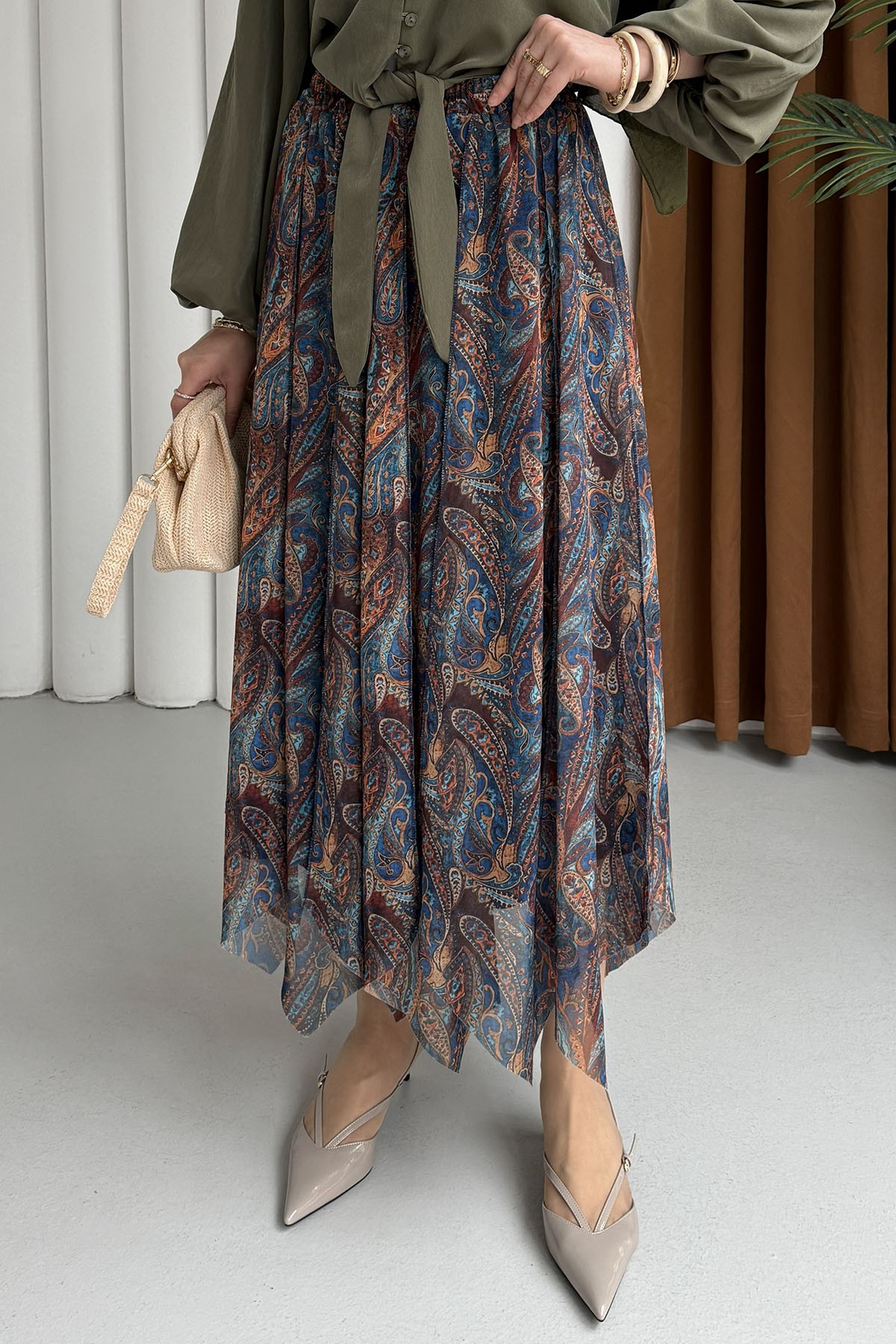 Beli Lastikli Asimetrik Kesin Şifon Etek-PETROL MAVİ