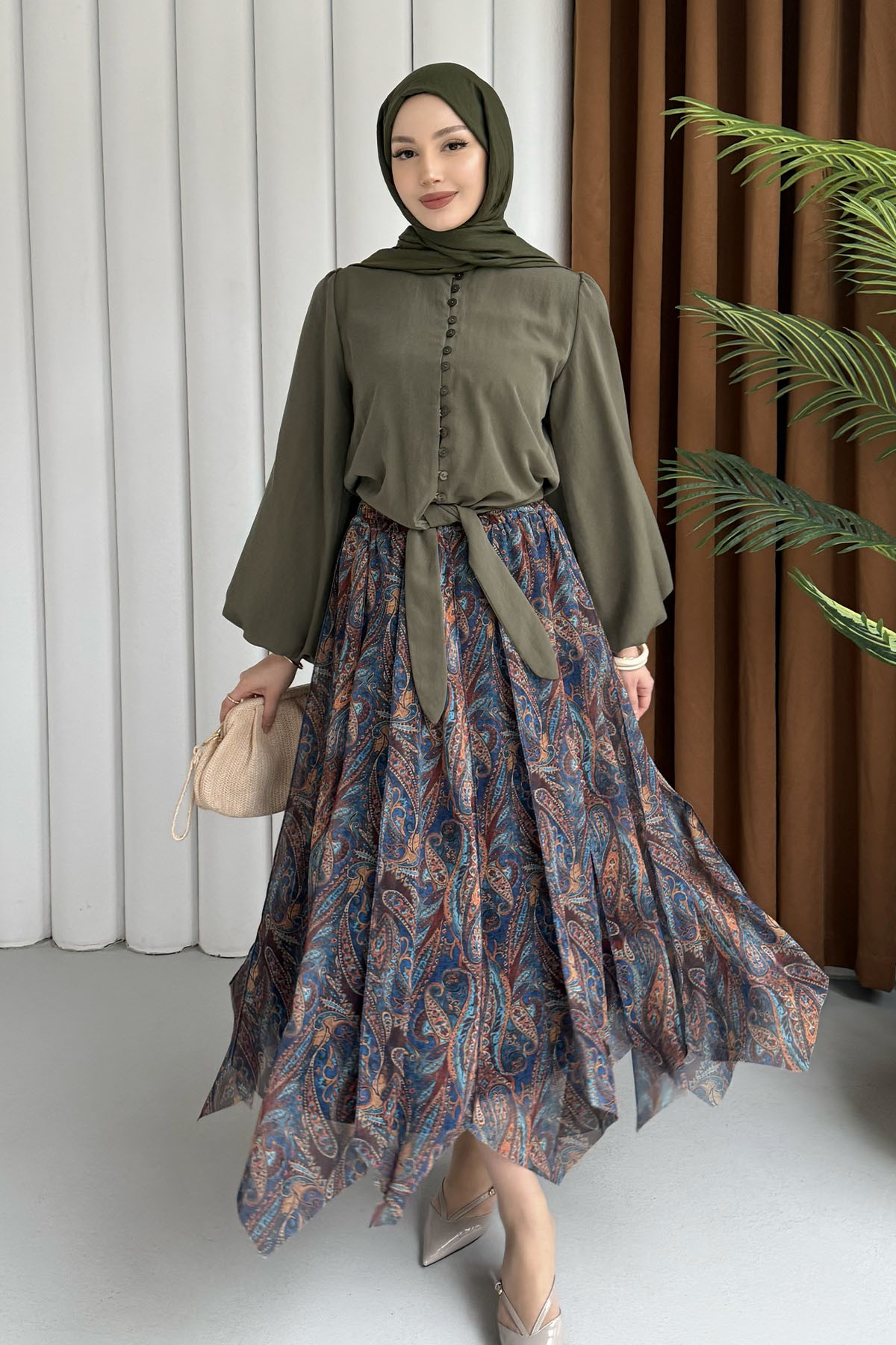 Beli Lastikli Asimetrik Kesin Şifon Etek-PETROL MAVİ