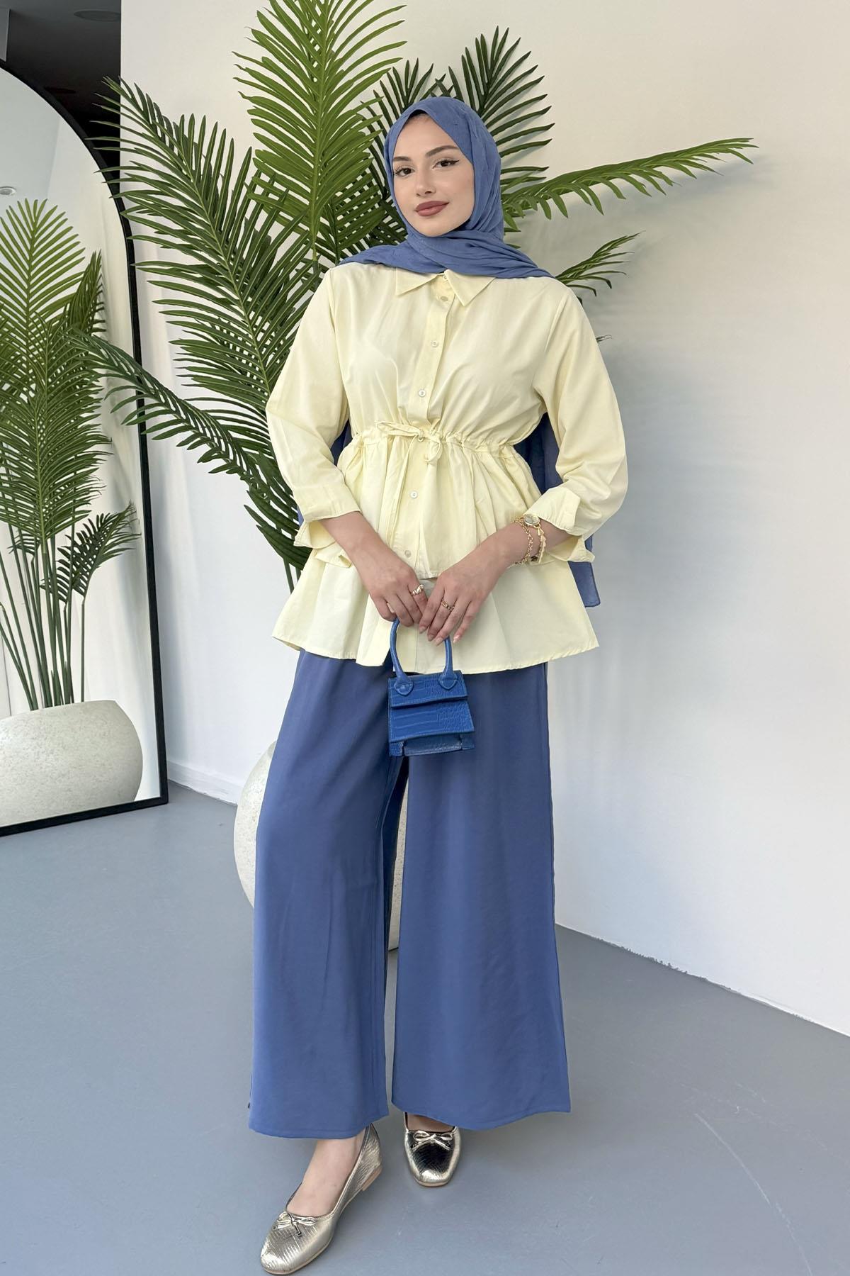 Beli Lastikli Ayarlanabilir Bol Paça Pantolon-İNDİGO