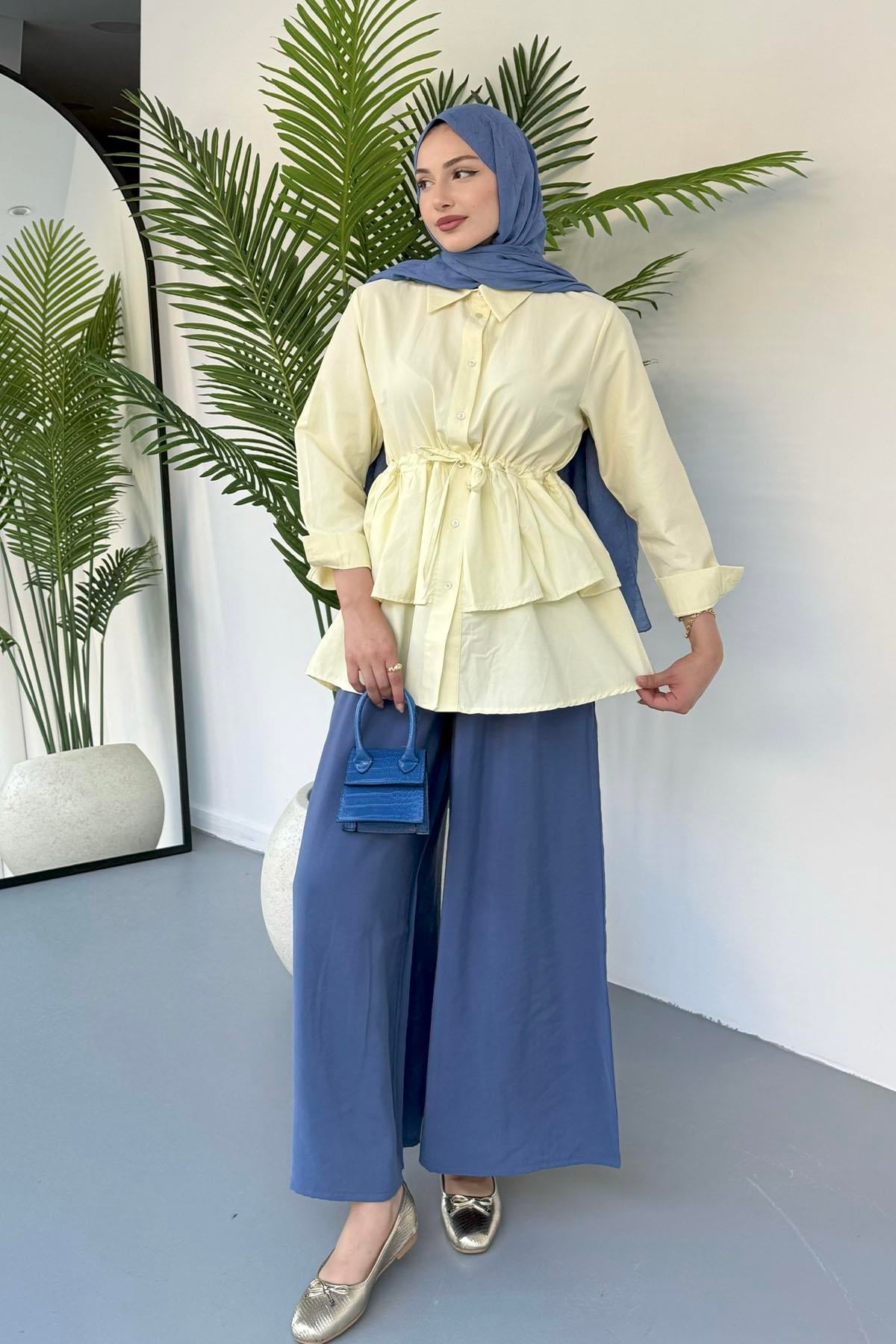 Beli Lastikli Ayarlanabilir Bol Paça Pantolon-İNDİGO