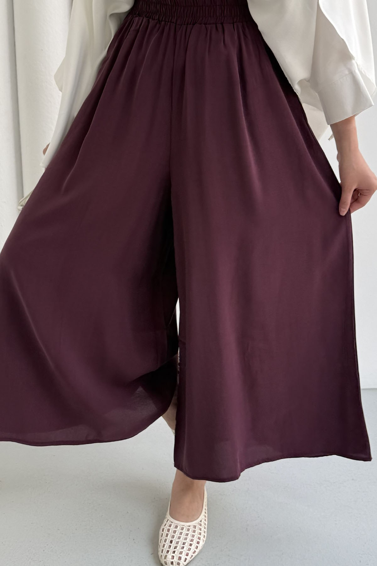 Beli Lastikli Bol Paça Pantolon-BORDO