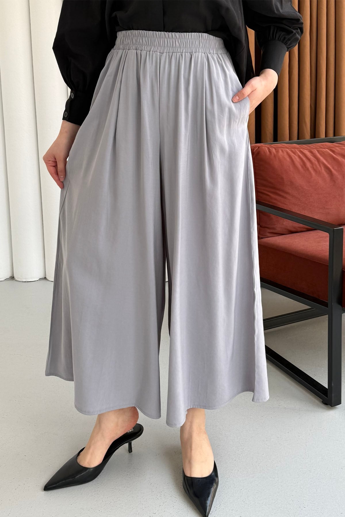 Beli Lastikli Bol Paça Pantolon-GRİ