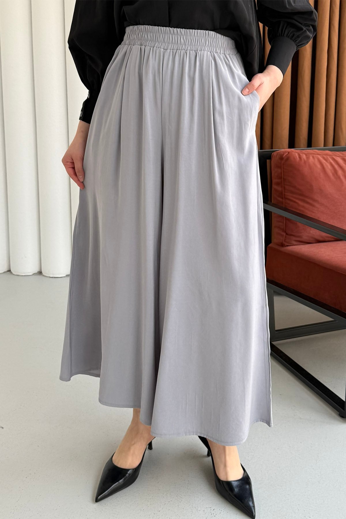 Beli Lastikli Bol Paça Pantolon-GRİ