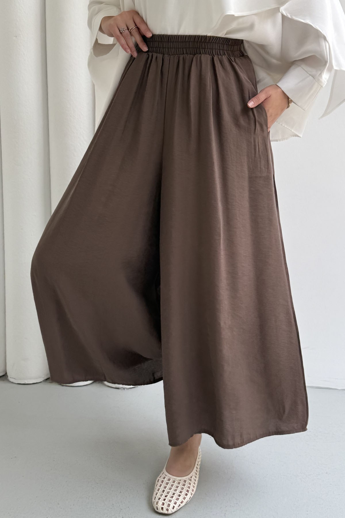 Beli Lastikli Bol Paça Pantolon-KAHVERENGİ