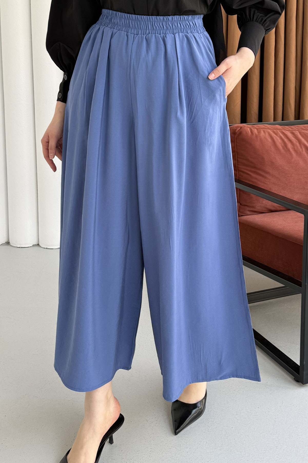 Beli Lastikli Bol Paça Pantolon-MAVİ