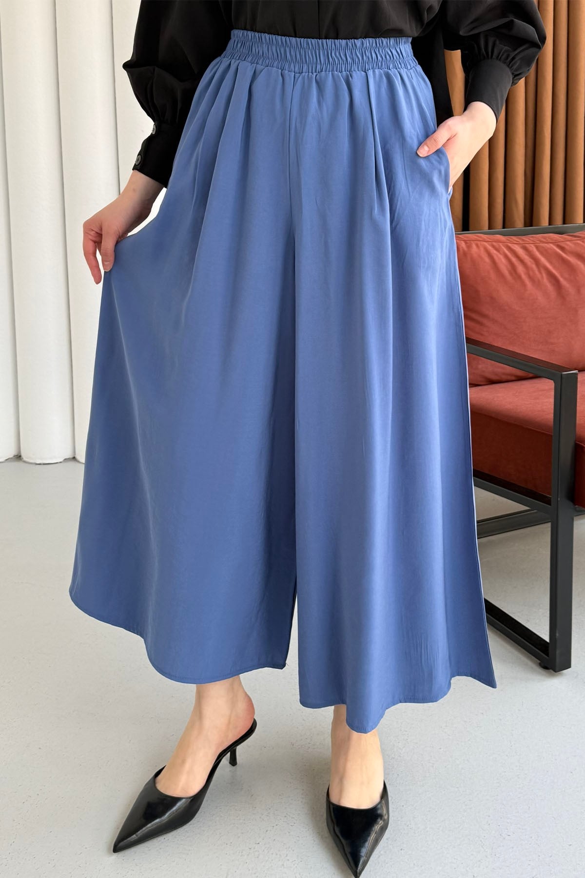 Beli Lastikli Bol Paça Pantolon-MAVİ